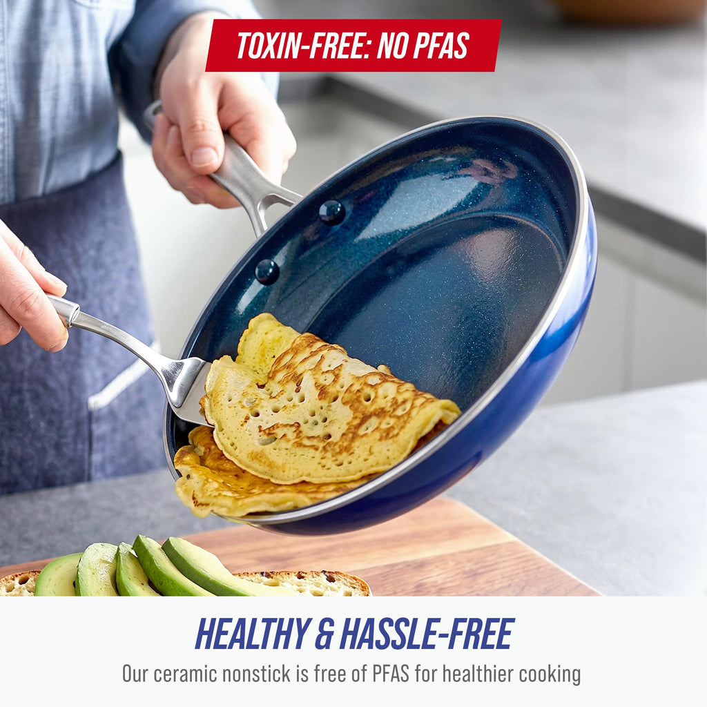 Blue Diamond 2 Piece Nonstick Frying Pan Set, 9.5” & 11" Skillets, PFAS-Free Ceramic, Dishwasher & Oven Safe, Stainless Steel Handle, Durable Metal Utensil Safe, Egg & Omelet Pans, Blue