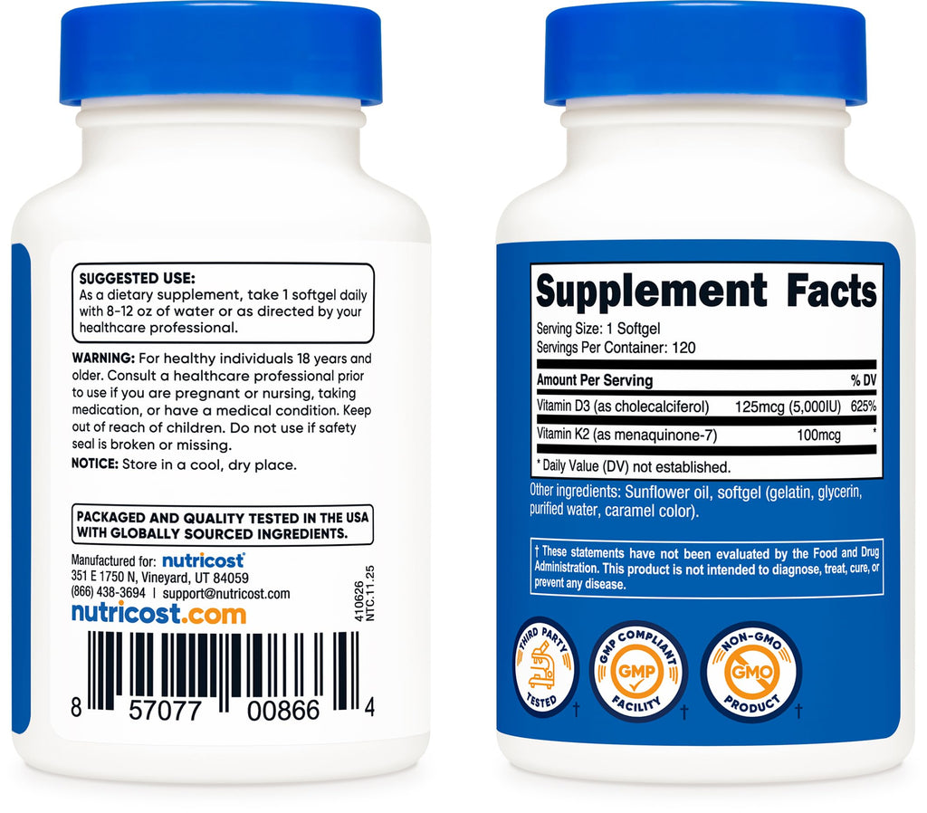 Nutricost Vitamin K2 (MK7) (100mcg) + Vitamin D3 (5000 IU) 120 Softgels - Gluten Free and Non-GMO (Pack of 2)