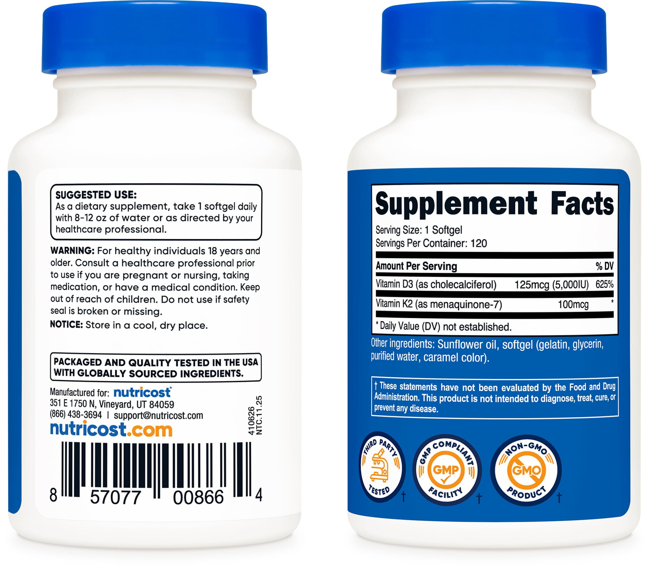 Nutricost Vitamin K2 (MK7) (100mcg) + Vitamin D3 (5000 IU) 120 Softgels - Gluten Free and Non-GMO (Pack of 2)