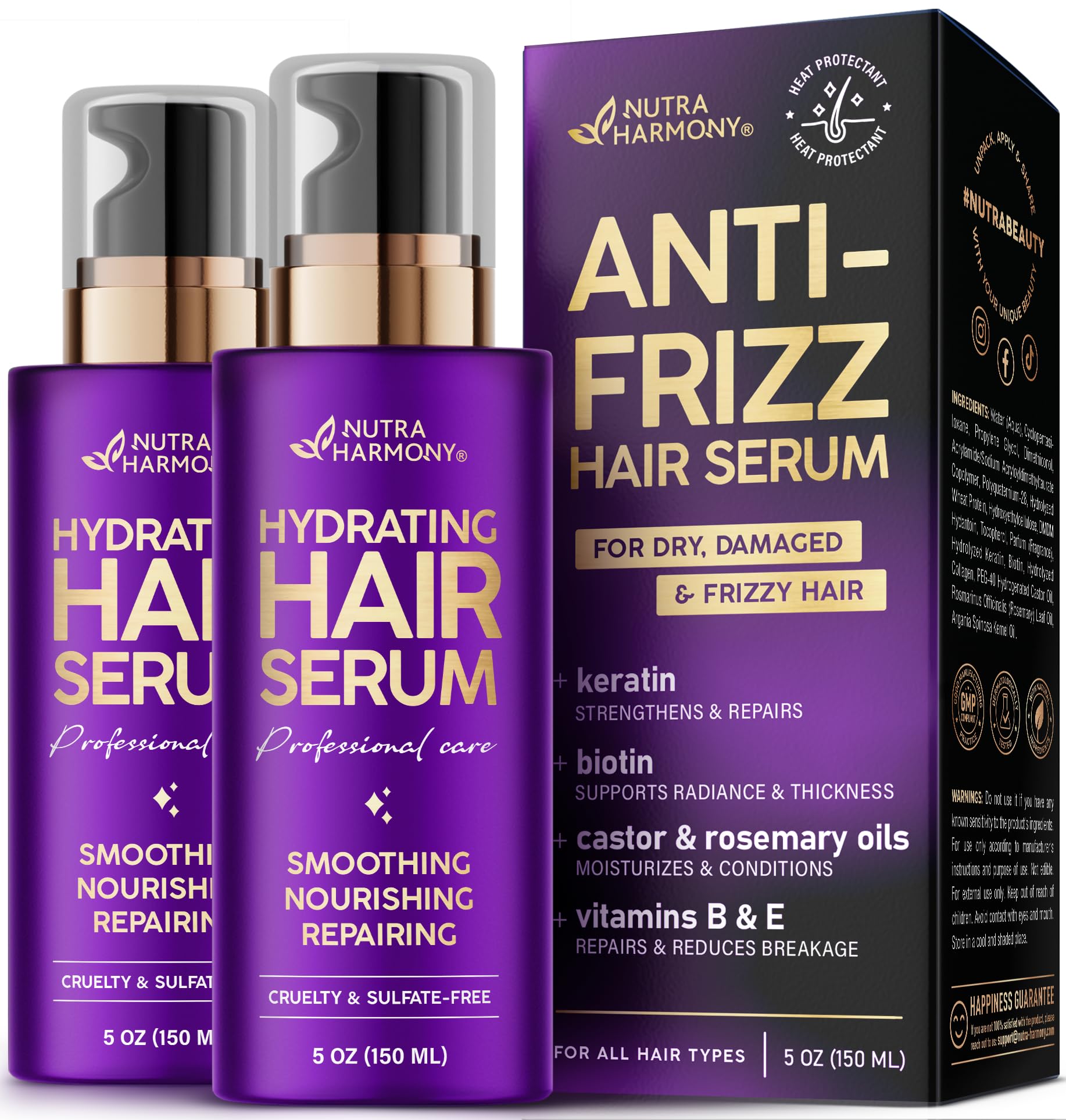Hydrating Hair Serum for Dry & Frizzy Hair, Lightweight Leave-In Anti-Frizz Treatment, Non-Greasy Split Ends Repair with Keratin, Biotin, Castor & Rosemary Oils, Smooth Shine & Heat Protection, 2 Pack