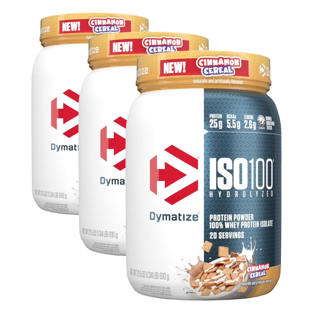 Dymatize ISO100 Whey Protein Powder Isolate, Cinnamon Cereal, 25g of Protein, 5.5g BCAAs, Less Than 120 Cal., Gluten Free, 1g Fat, 1g Sugar, 2g Carb (20 Servings) (Pack of 3)