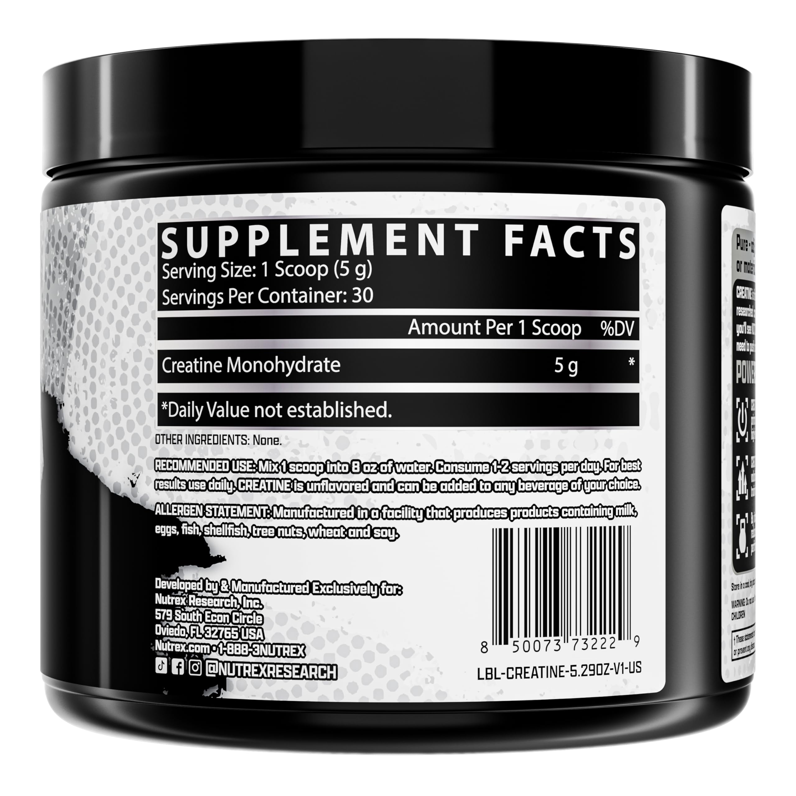 Nutrex Research Creatine Monohydrate Powder 30 Servings | Unflavored 5G Micronized Creatine Powder | Gluten Free