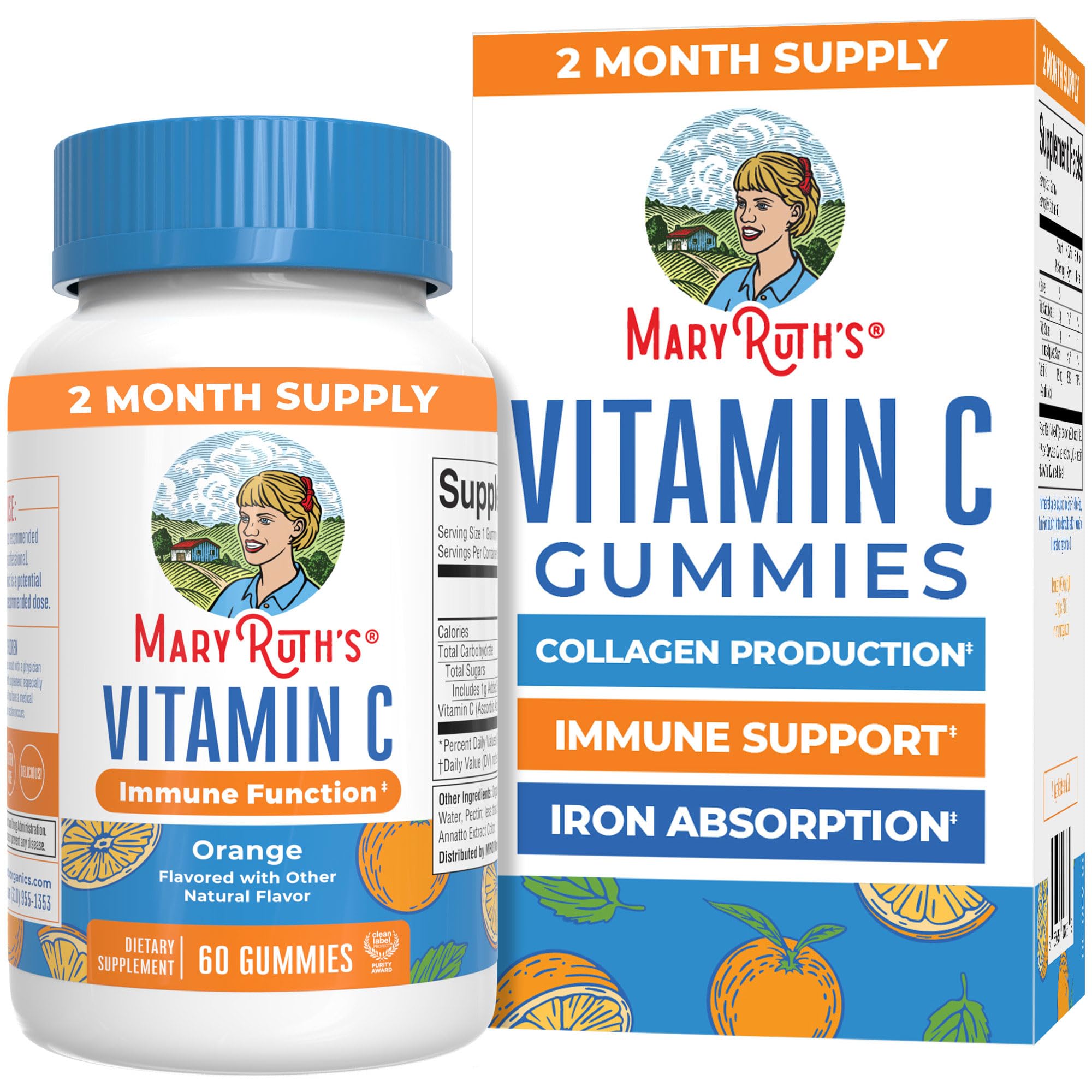 MARYRUTH'S Vitamin C Gummies for Adults&Kids, Orange, 60 ct, 2-Month Supply