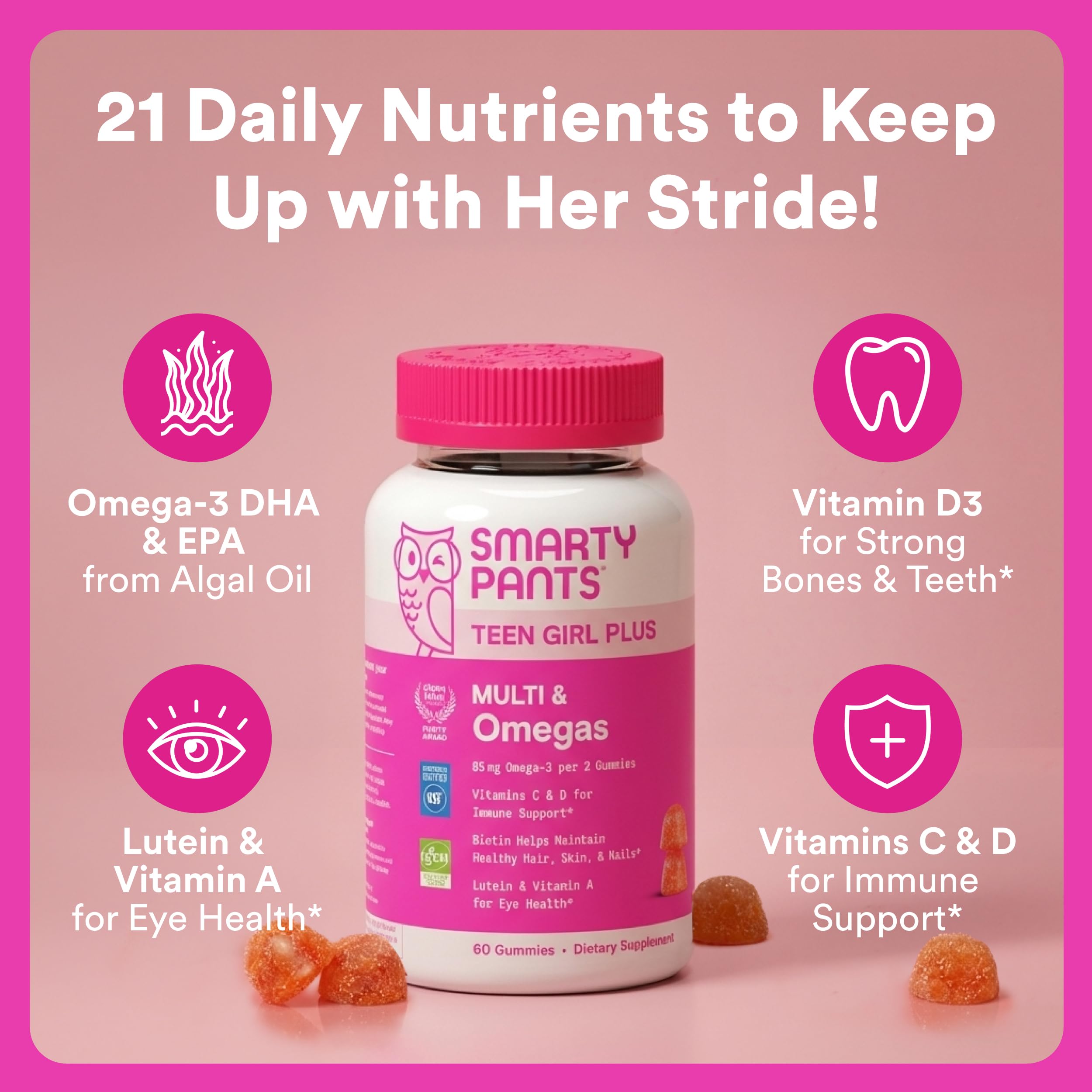 SmartyPants Teen Girl Multivitamin Gummies, Omega 3 (DHA/EPA), Vitamin C, D3, B12, Vitamin A, K & Zinc, Biotin to Support Hair, Skin & Nails, Gluten Free, 60 Count (30 Day Supply)