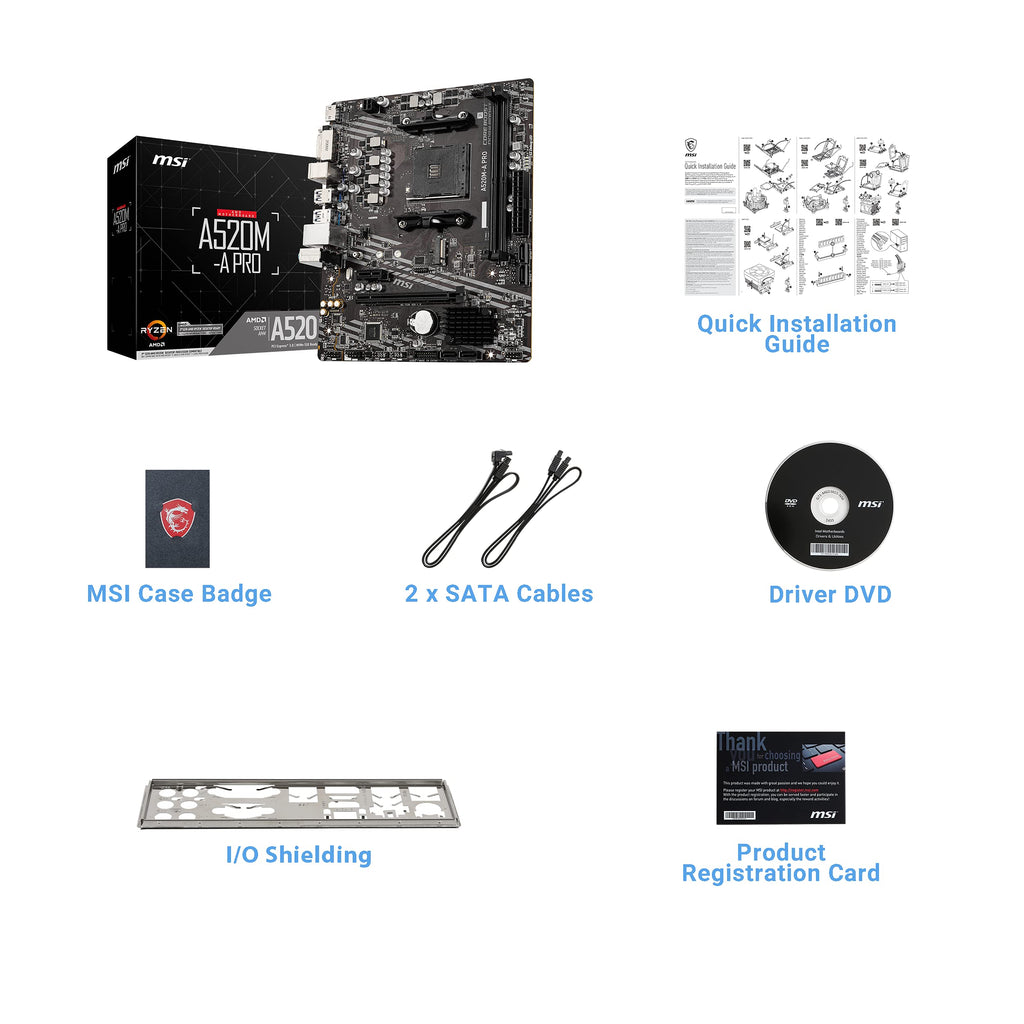 MSI A520M-A PRO Gaming Motherboard (AMD Ryzen 5000, AM4, DDR4, PCIe 3.0, SATA 6Gb/s, M.2, USB 3.2 Gen 1, DVI/HDMI, Micro-ATX)