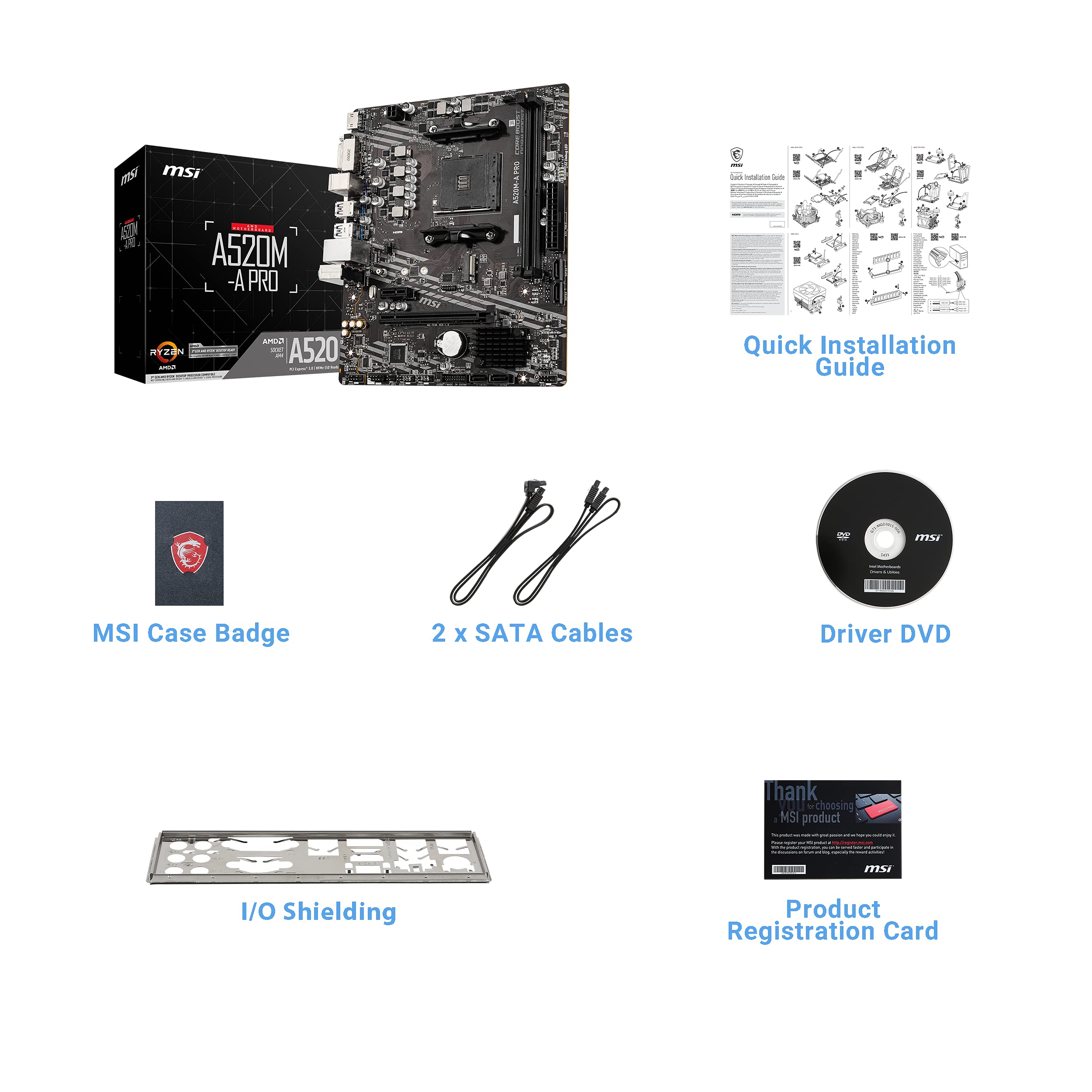 MSI A520M-A PRO Gaming Motherboard (AMD Ryzen 5000, AM4, DDR4, PCIe 3.0, SATA 6Gb/s, M.2, USB 3.2 Gen 1, DVI/HDMI, Micro-ATX)
