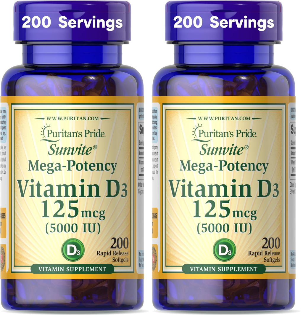 Puritan's Pride Premium Sunvite™ Mega-Potency Vitamin D3 5,000 IU, Dietary Supplement for Healthy Bones, Teeth, and Immune System Support, 200 Rapid Release Softgels (Packaging May Vary) (Pack of 2)