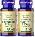 Puritan's Pride Premium Sunvite™ Mega-Potency Vitamin D3 5,000 IU, Dietary Supplement for Healthy Bones, Teeth, and Immune System Support, 200 Rapid Release Softgels (Packaging May Vary) (Pack of 2)