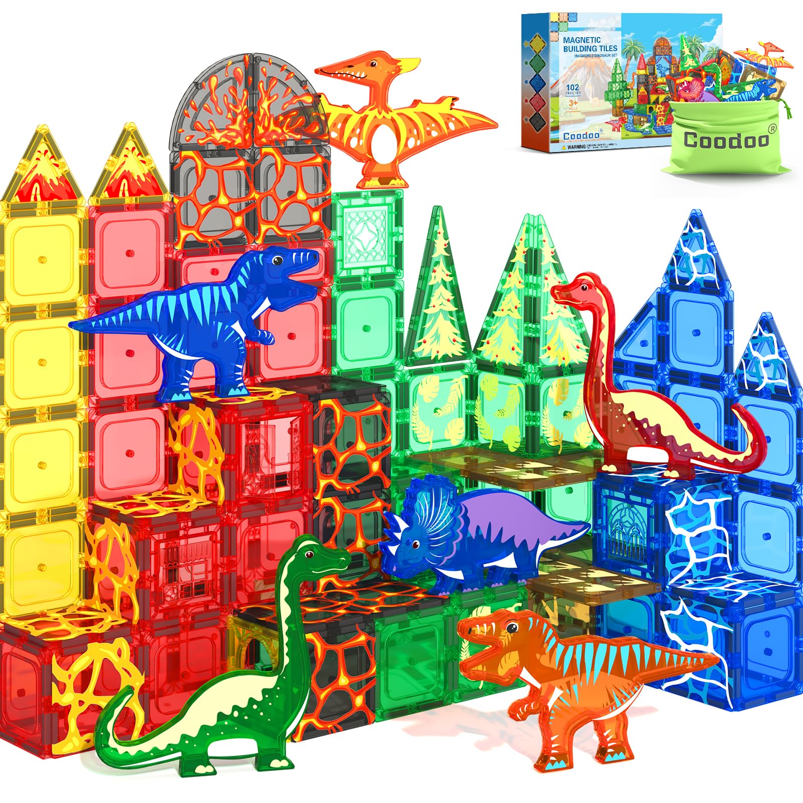 102PCS Dinosaur Toys Magnetic Tiles with 8 Dinosaurs - Jurassic Scenes Toys