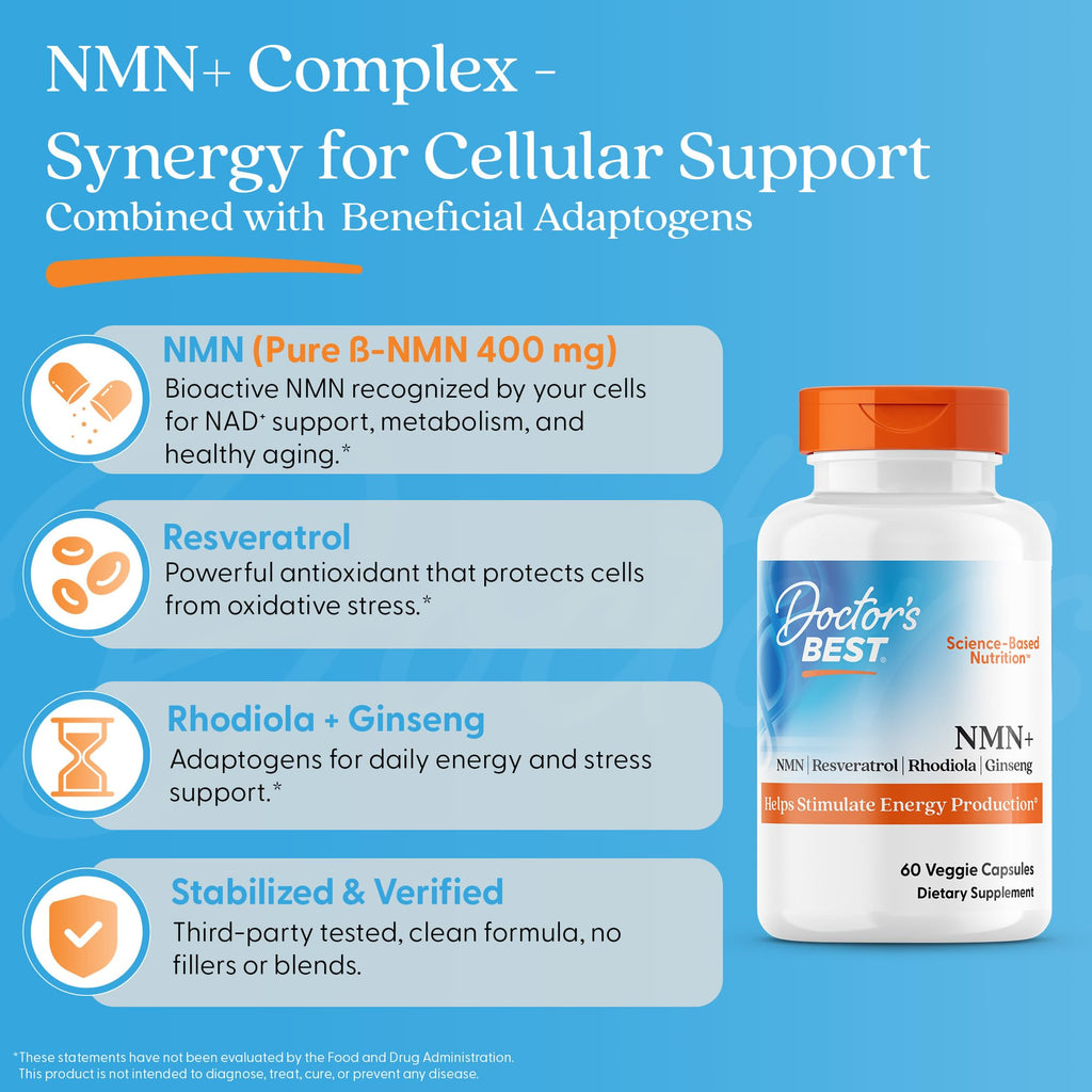 Doctor's Best NMN+ Complex Supplement Capsules for Women & Men - Supports NAD+ Production, Resveratrol 100mg & Beta Nicotinamide Mononucleotide 200mg per Capsule, Cellular Energy Support - 60 Veg Caps