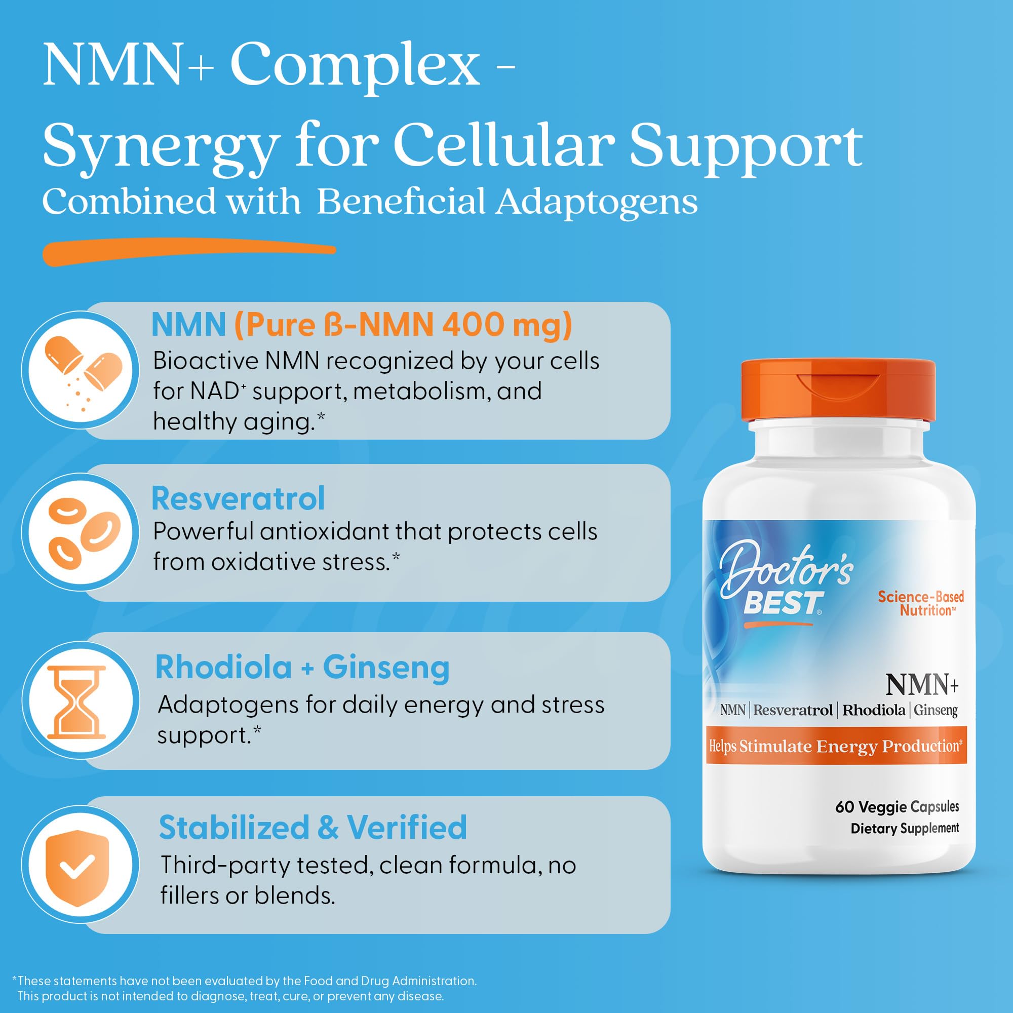 Doctor's Best NMN+ Complex Supplement Capsules for Women & Men - Supports NAD+ Production, Resveratrol 100mg & Beta Nicotinamide Mononucleotide 200mg per Capsule, Cellular Energy Support - 60 Veg Caps