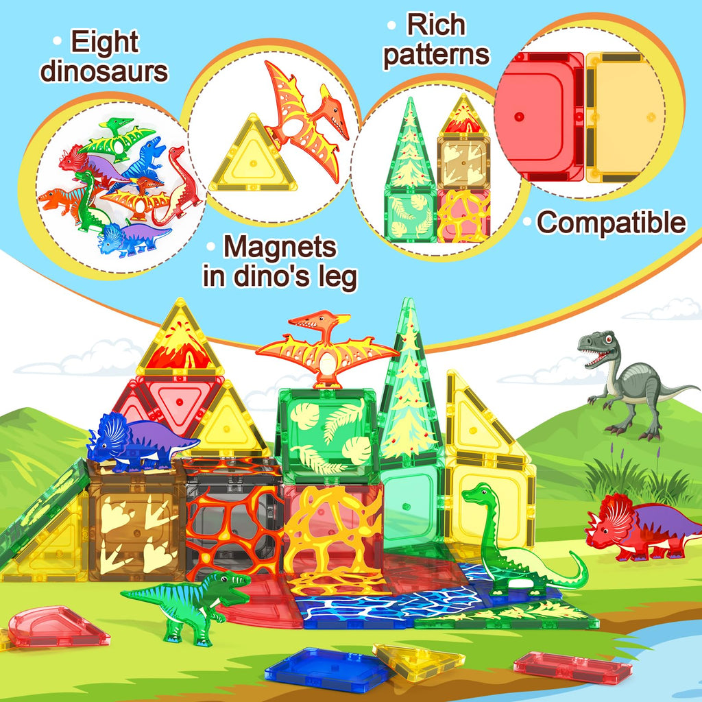 102PCS Dinosaur Toys Magnetic Tiles with 8 Dinosaurs - Jurassic Scenes Toys