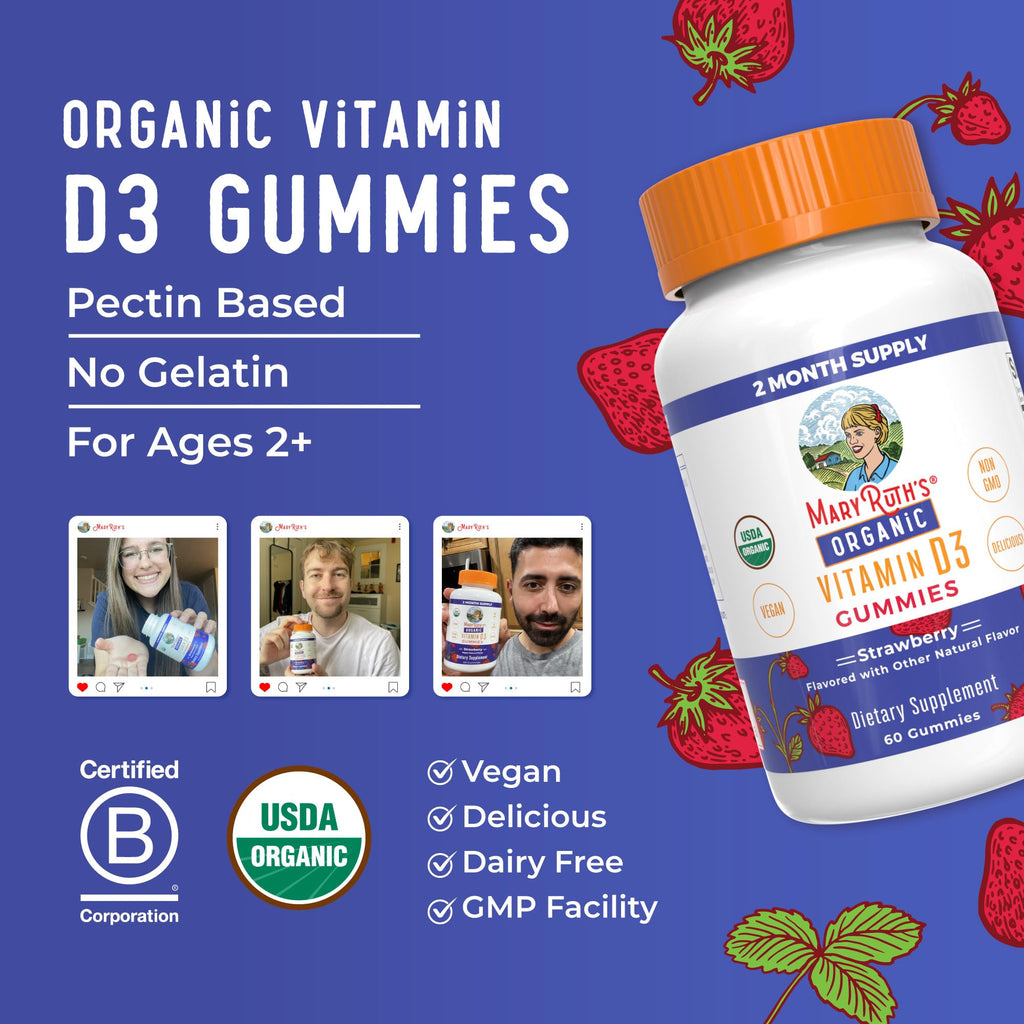MARYRUTH'S Organic Vitamin D3 Gummies, 1000 IU, Immune Support, 60 Count