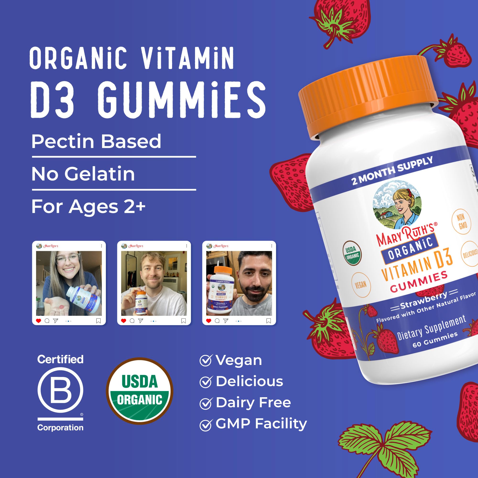 MARYRUTH'S Organic Vitamin D3 Gummies, 1000 IU, Immune Support, 60 Count