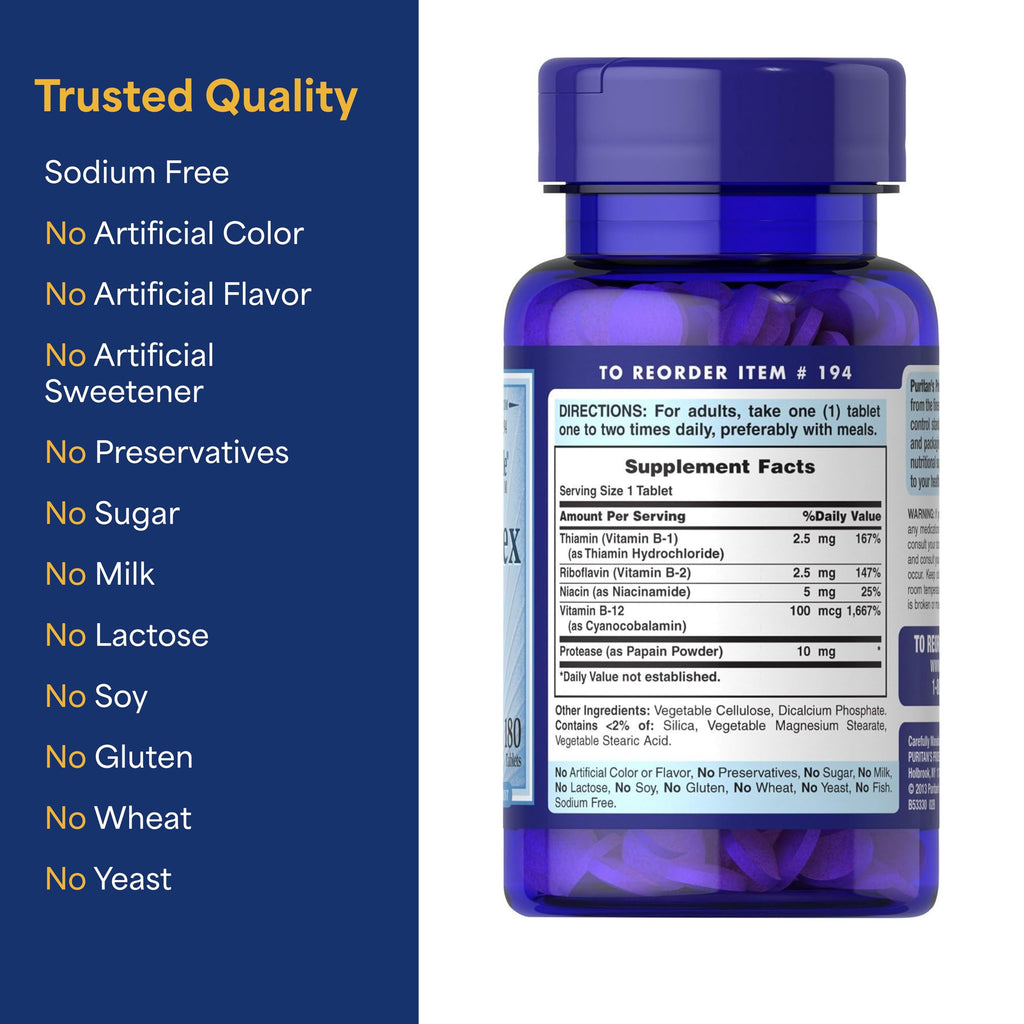 Puritan's Pride Premium Vitamin B-Complex and Vitamin B-12, Vegetarian Dietary Supplement for Cellular Energy Production, Maintains Health of Skin and Nerve Support, 180 Tablets