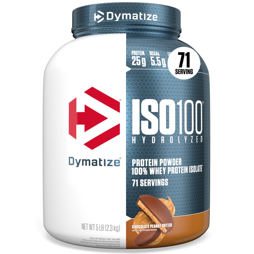 Dymatize ISO100 Whey Protein Powder Isolate, Chocolate Peanut Butter, 25g of Protein, 5 Pound, 5.5g BCAAs, Less Than 120 Cal., Gluten Free, 1g Fat, 1g Sugar, 2g Carb (71 Servings)