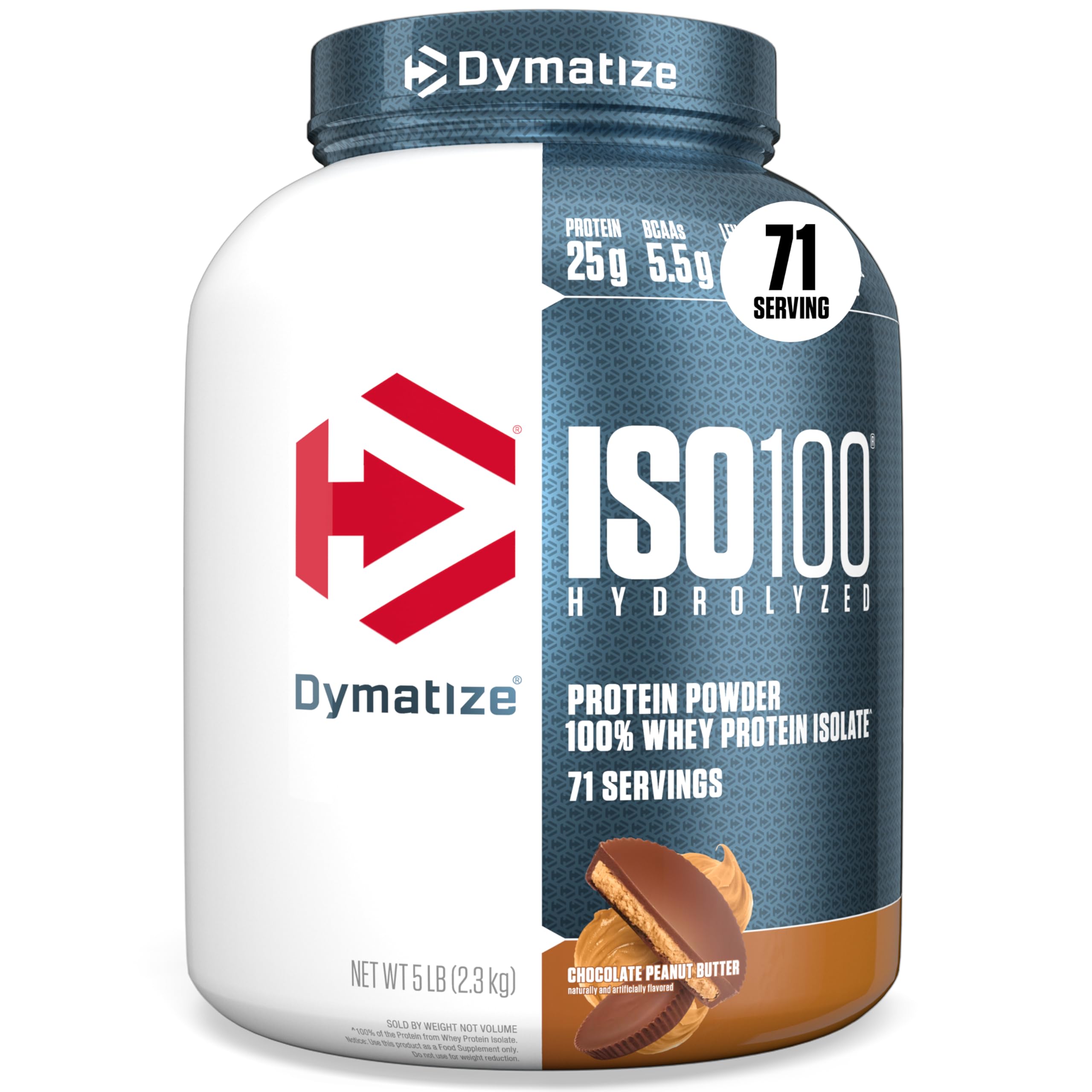 Dymatize ISO100 Whey Protein Powder Isolate, Chocolate Peanut Butter, 25g of Protein, 5 Pound, 5.5g BCAAs, Less Than 120 Cal., Gluten Free, 1g Fat, 1g Sugar, 2g Carb (71 Servings)