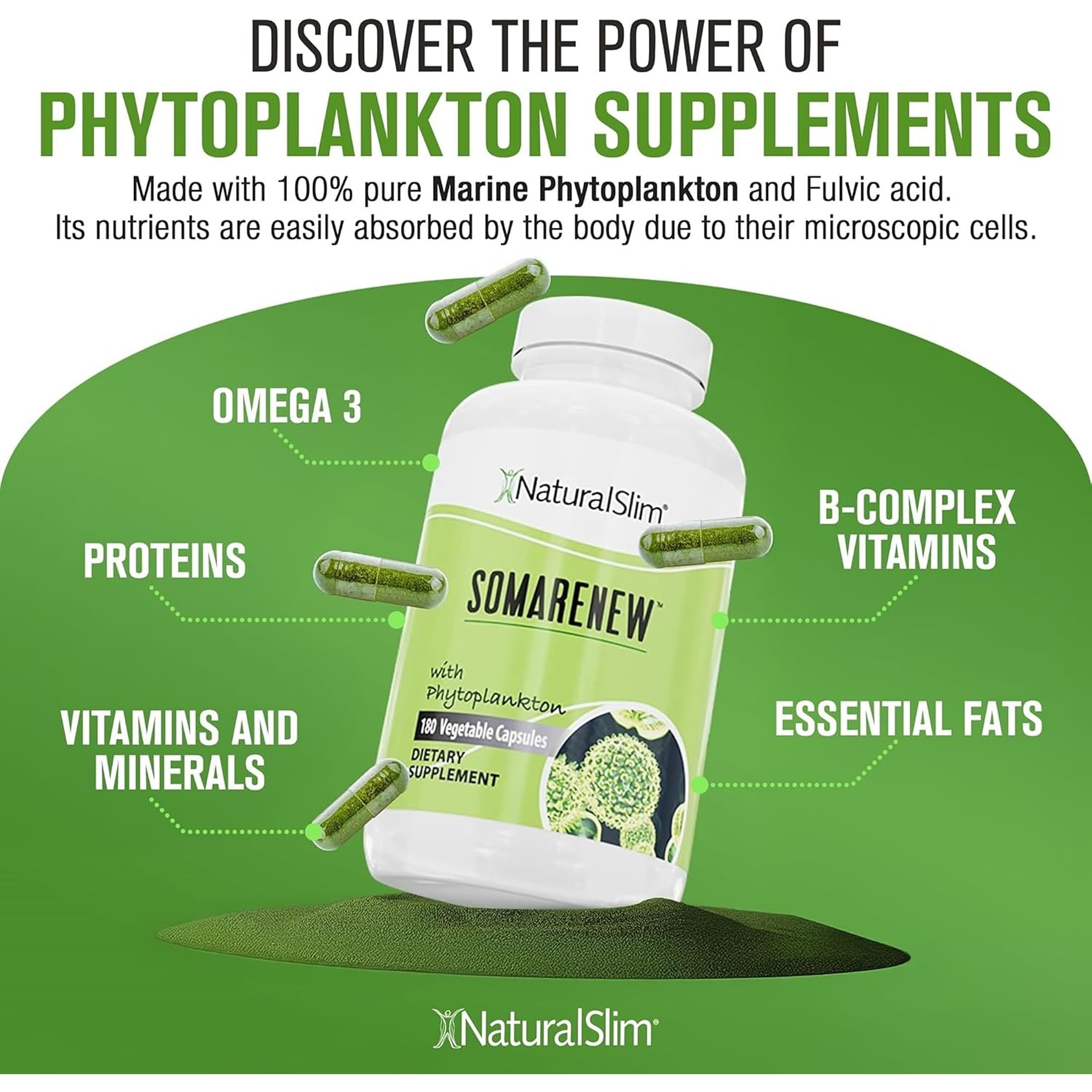 NaturalSlim Somarenew Metabolism Booster, Gut Cleanse, Energy Support & Full Body Cleanse Supplement with Marine Phytoplankton (Omega 3) & Black Fulvic Acid Superfood - 180 Vegetable Capsules
