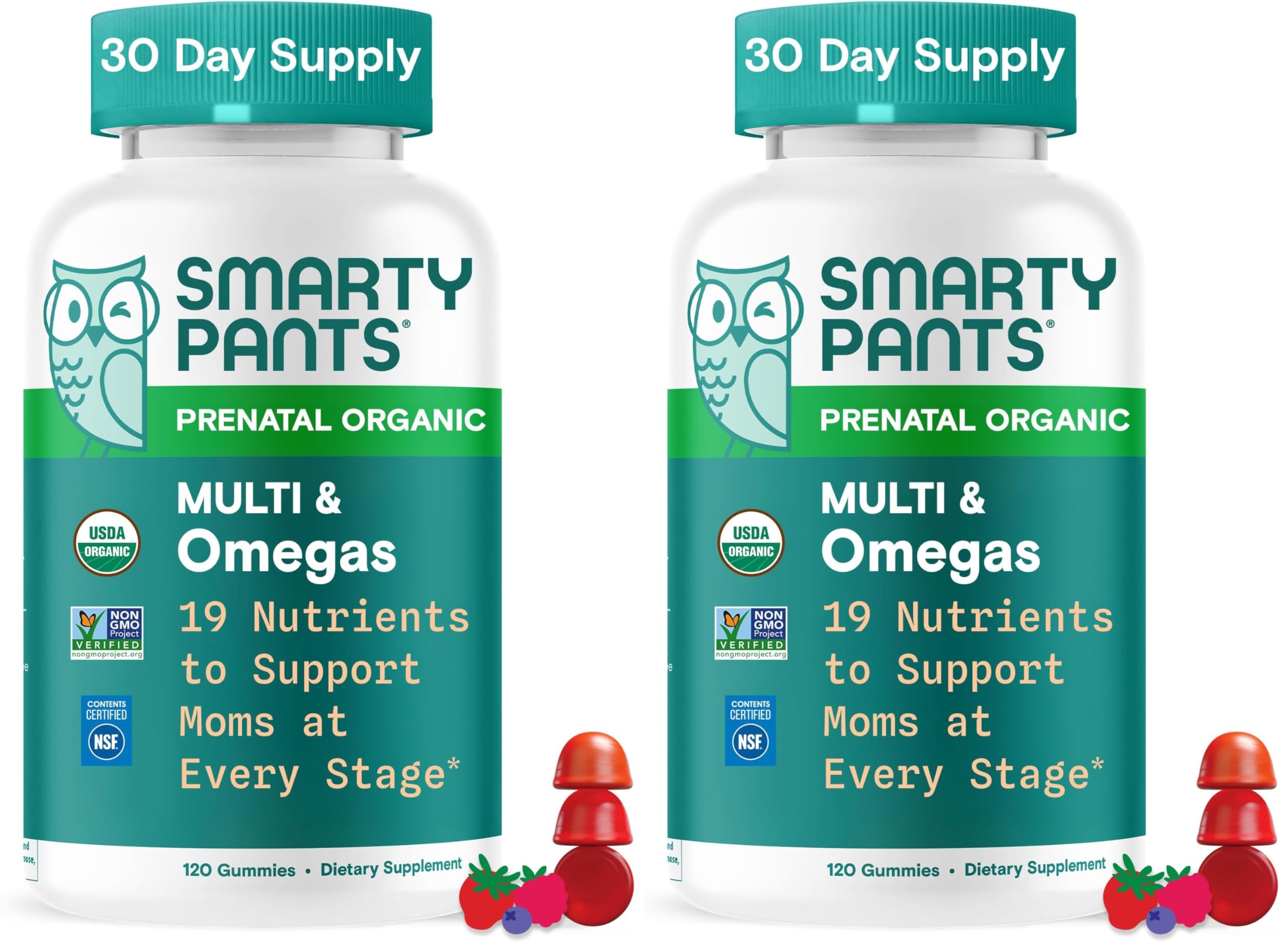 SmartyPants Organic Prenatal Vitamins for Women,Multivitamin Gummies: Biotin,Methylfolate,Omega 3 (ALA),Vitamin D3,C,Vitamin B12,B6,A,K2 & Zinc,Choline,Vegetarian,(30 Day Supply),120 Count(Pack of 2)