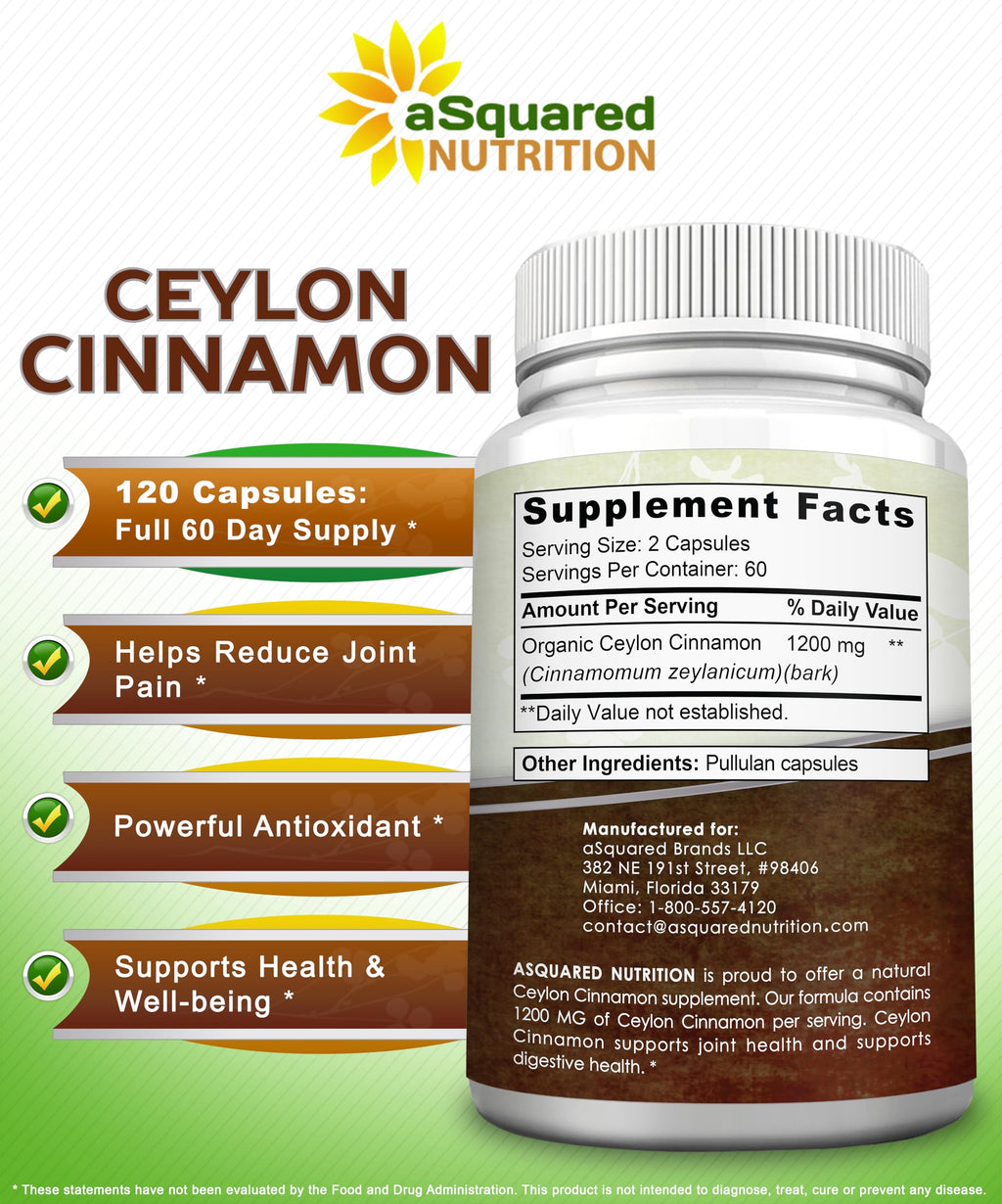 Natural Ceylon Cinnamon 1200mg Per Serving - 120 Capsules, True Cinnamon from Sri Lanka, Extract Supplement Pills Promotes Heart Health
