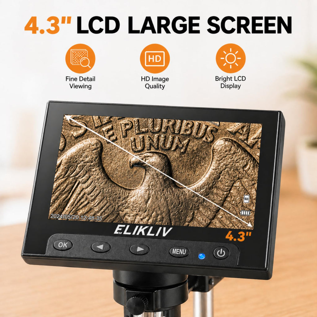 Elikliv Microscope, LCD Digital Coin Microscope 1000x, Coin Magnifier with 8 Adjustable LED Lights, PC View Compatible with Windows/MacBook, EDM4, 4.3-Inch