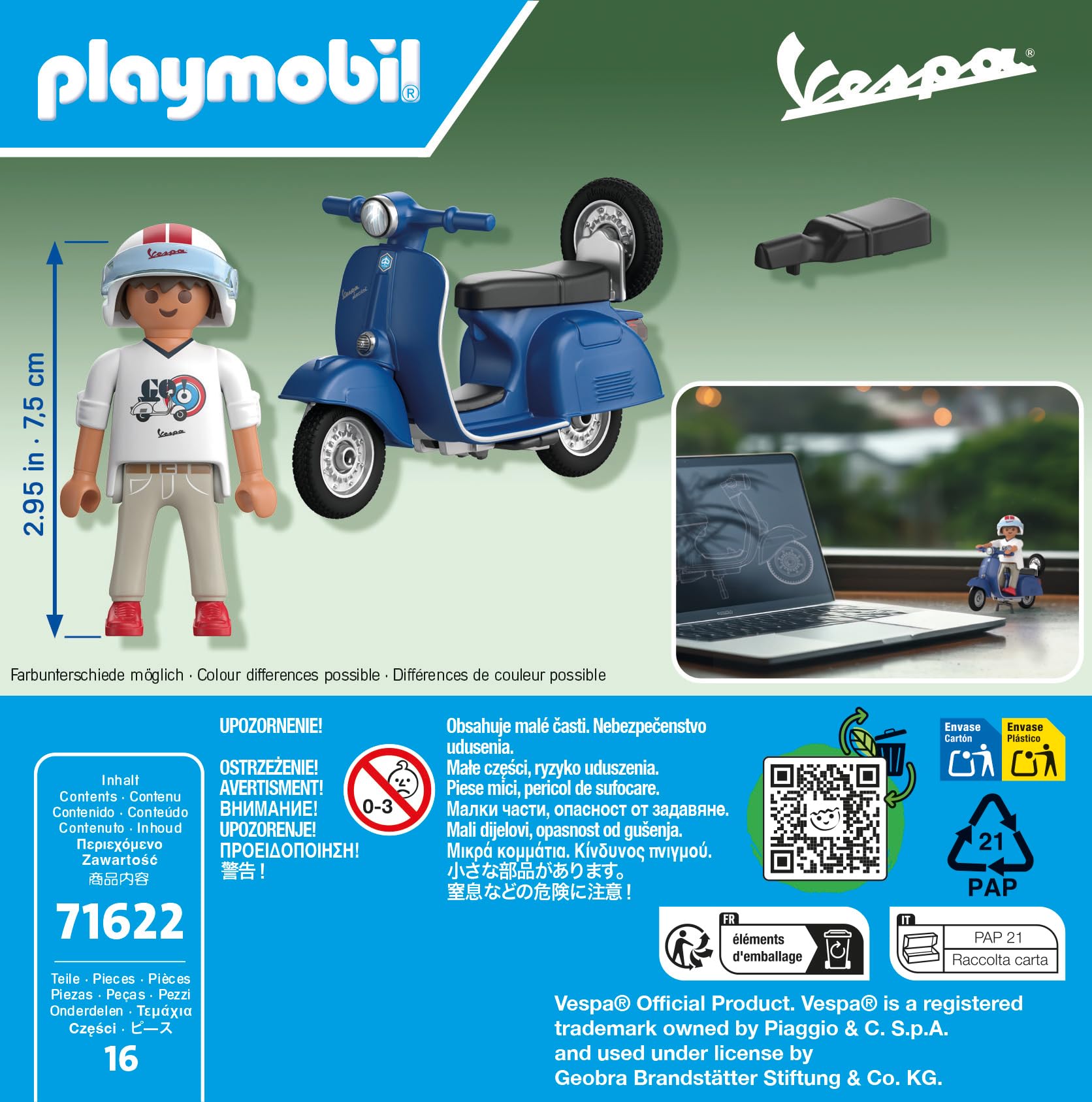 PLAYMOBIL Cars 71622 1969 Vespa 150 Sprint Veloce, Blue, Faithful Model for Collectors and Fans, Includes Versatile Accessories and Detachable Spare Wheel