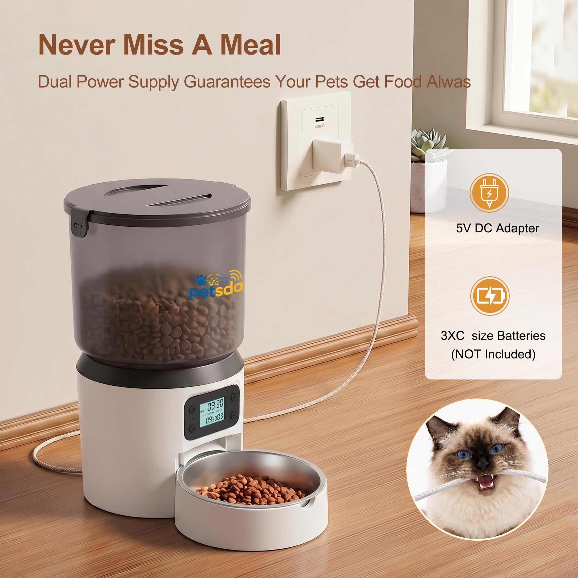 Automatic Cat Feeder 4L Timed Cat Dry Food Dispenser Auto Pet Feeder Portion Control up to 9 Meals/Day for Cats and Small Dogs Dual Power Supply, with Stainless Bowl Fresh Food, Easy Clean