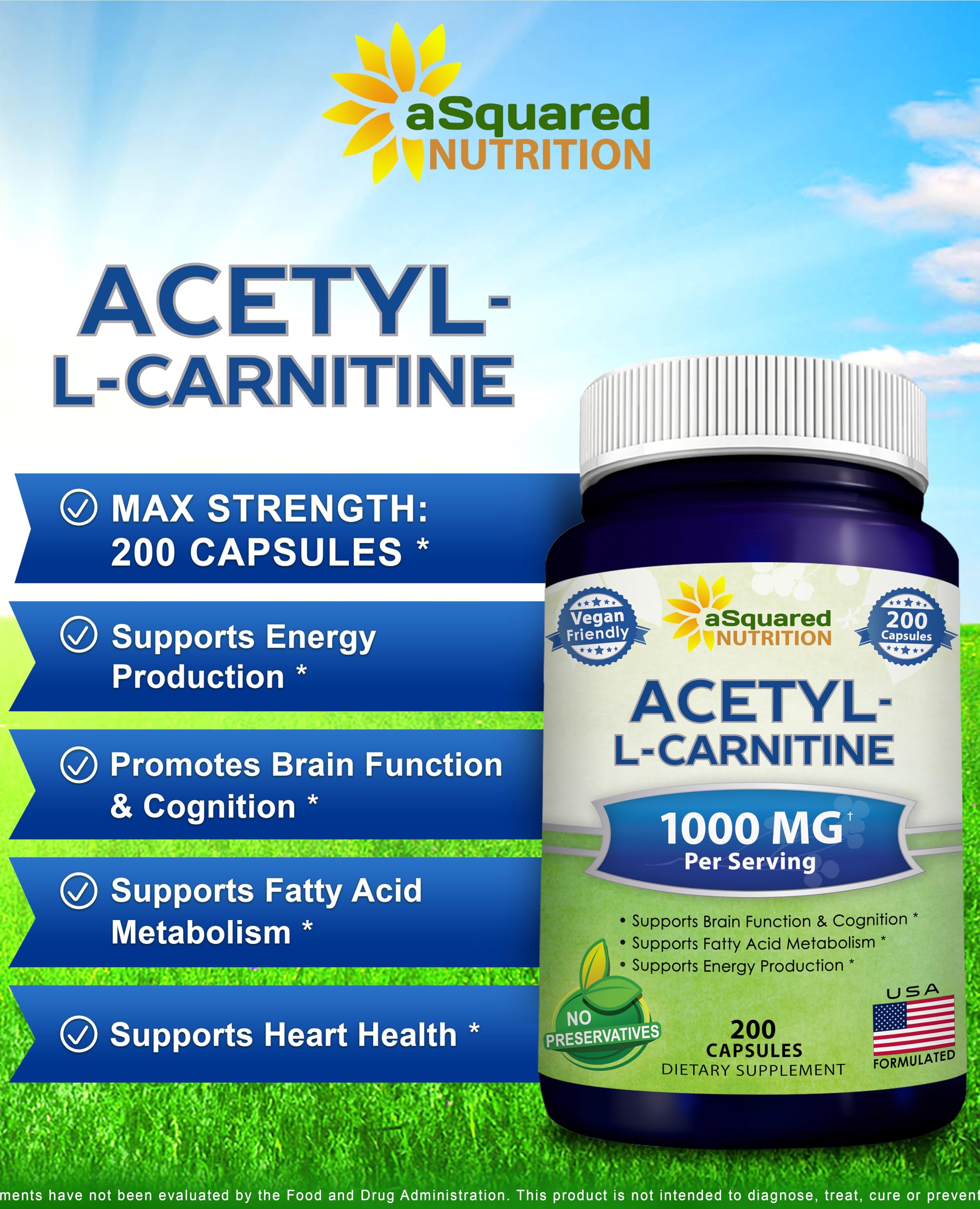 aSquared Nutrition Acetyl L-Carnitine 1000mg Per Serving Max Strength - 200 Veggie Capsules - High Dosage Acetyl L Carnitine HCL (ALCAR) Supplement Pills to Support Pure Energy, Brain Function