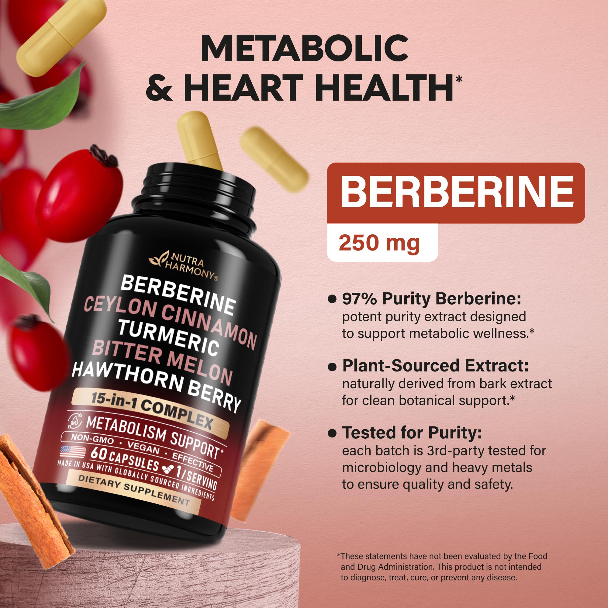 Berberine with Ceylon Cinnamon | Bitter Melon (Karela) | Apple Cider Vinegar | Hawthorn Berry | Citrus Bergamot | Turmeric - 15-in-1 Supplement for Heart Metabolism & Energy Support - 60 Capsules