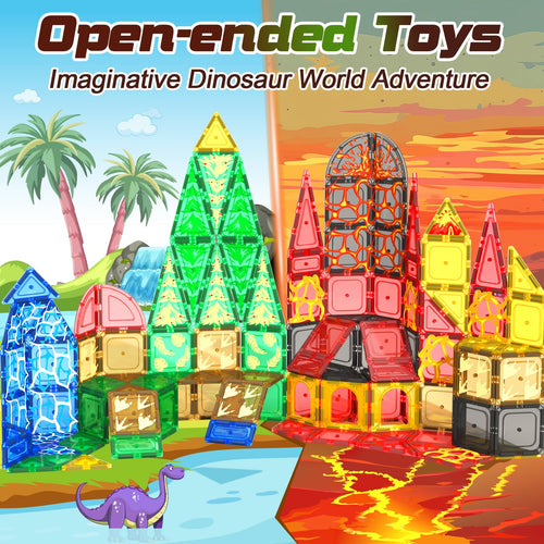 102PCS Dinosaur Toys Magnetic Tiles with 8 Dinosaurs - Jurassic Scenes Toys