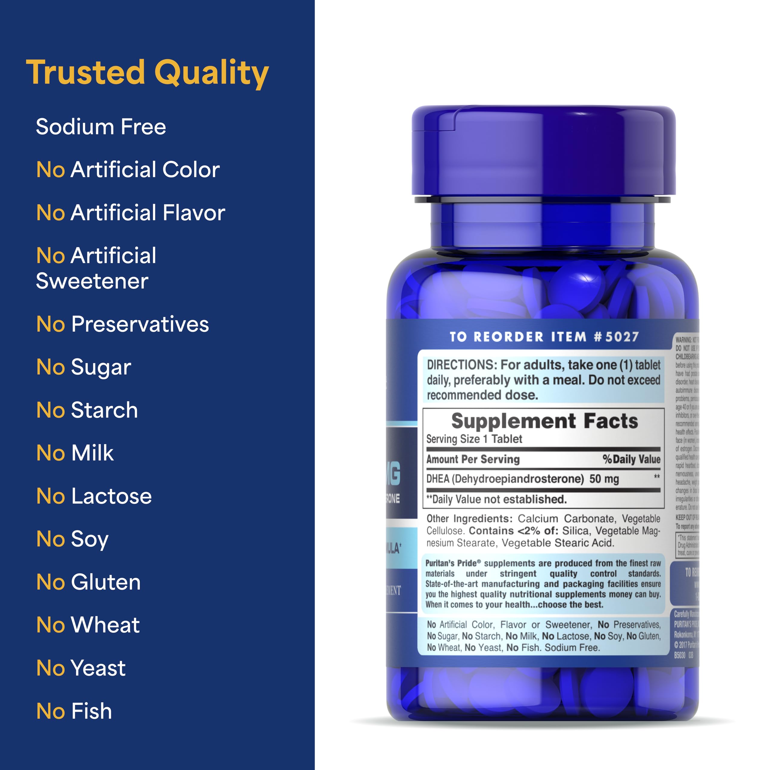 Puritan's Pride Youth Guard™ DHEA for Women and Men 50mg, Dietary Supplement for Healthy Aging, 3 Month Supply, 100 Tablets