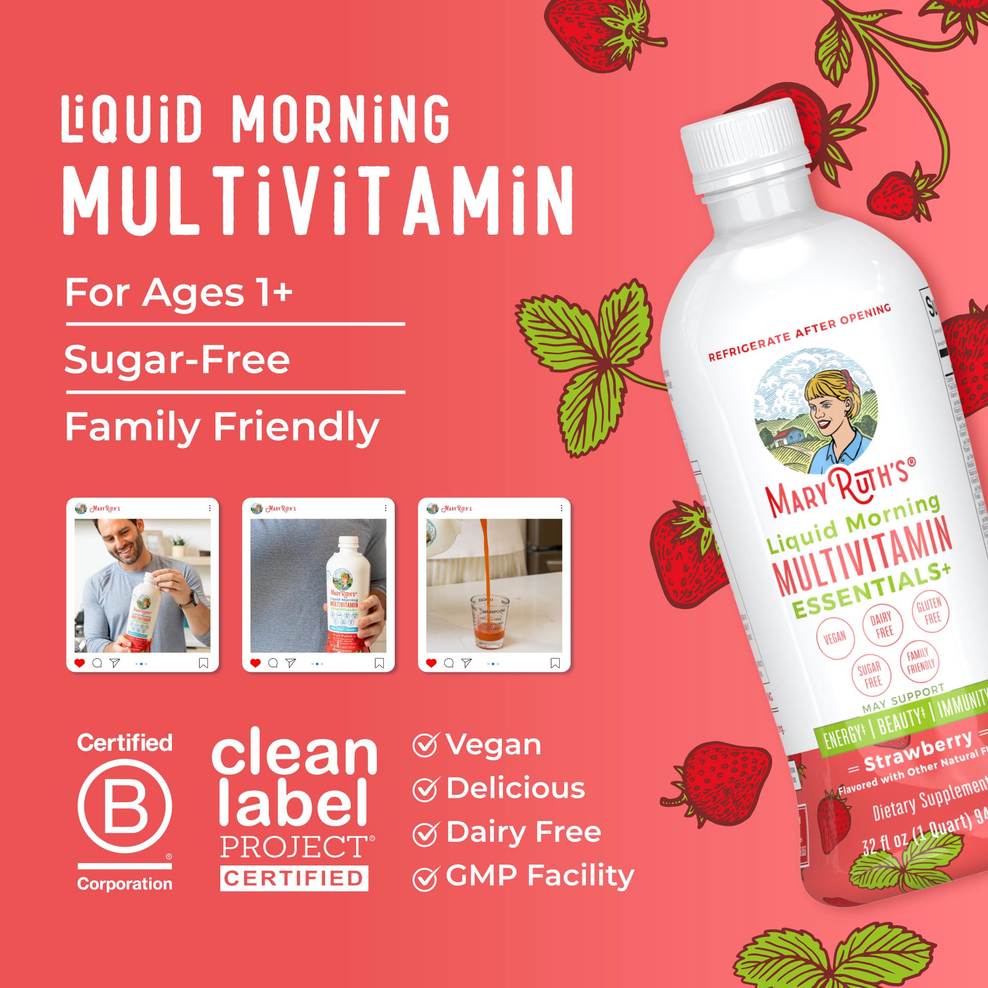 MaryRuth's Liquid Morning Multivitamin Essentials+, 2 Flavors, Vegan, 32oz