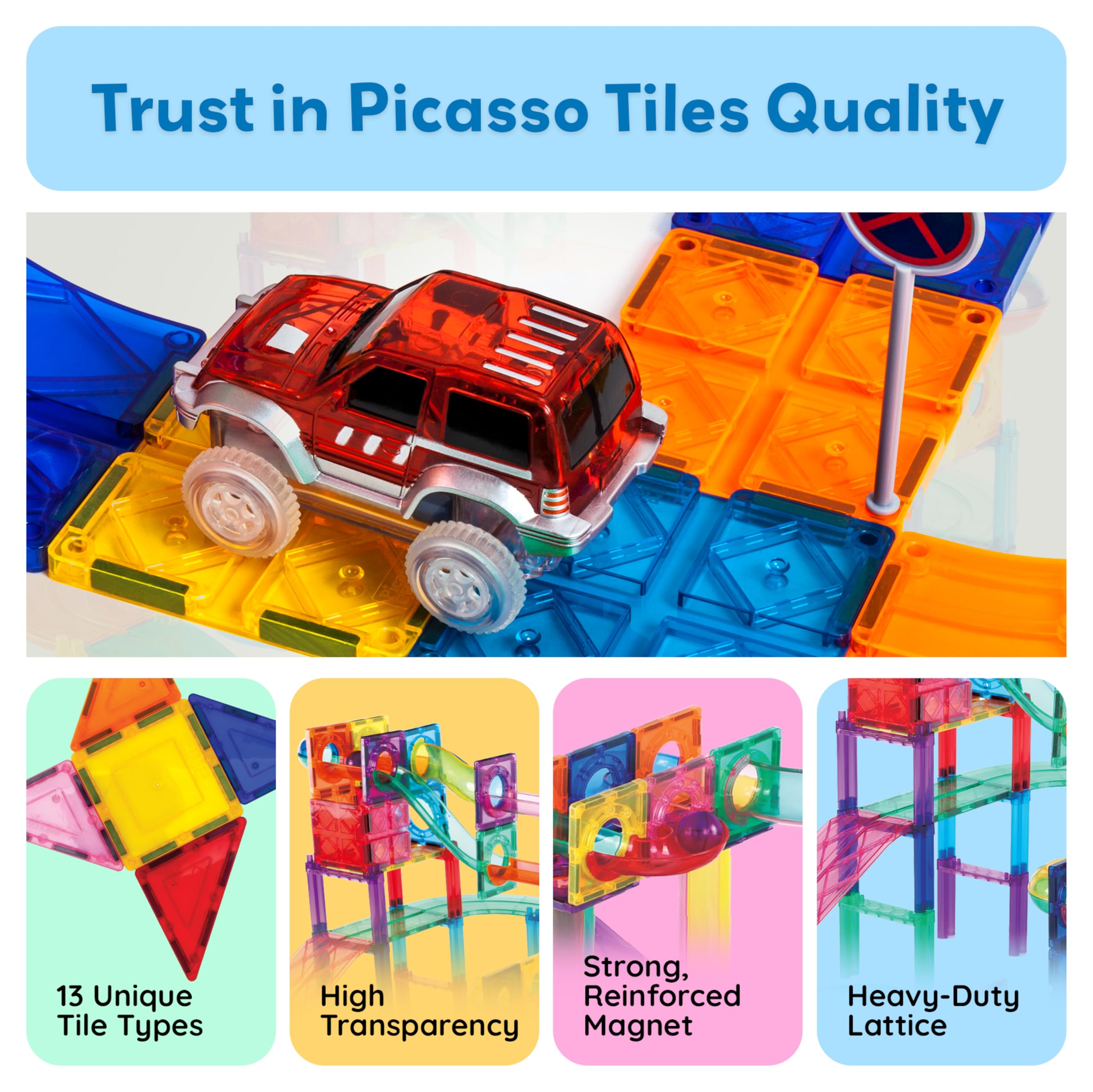 PicassoTiles 108 Piece Marble Run Race Track Set with LED Cars STEM Ages 3+