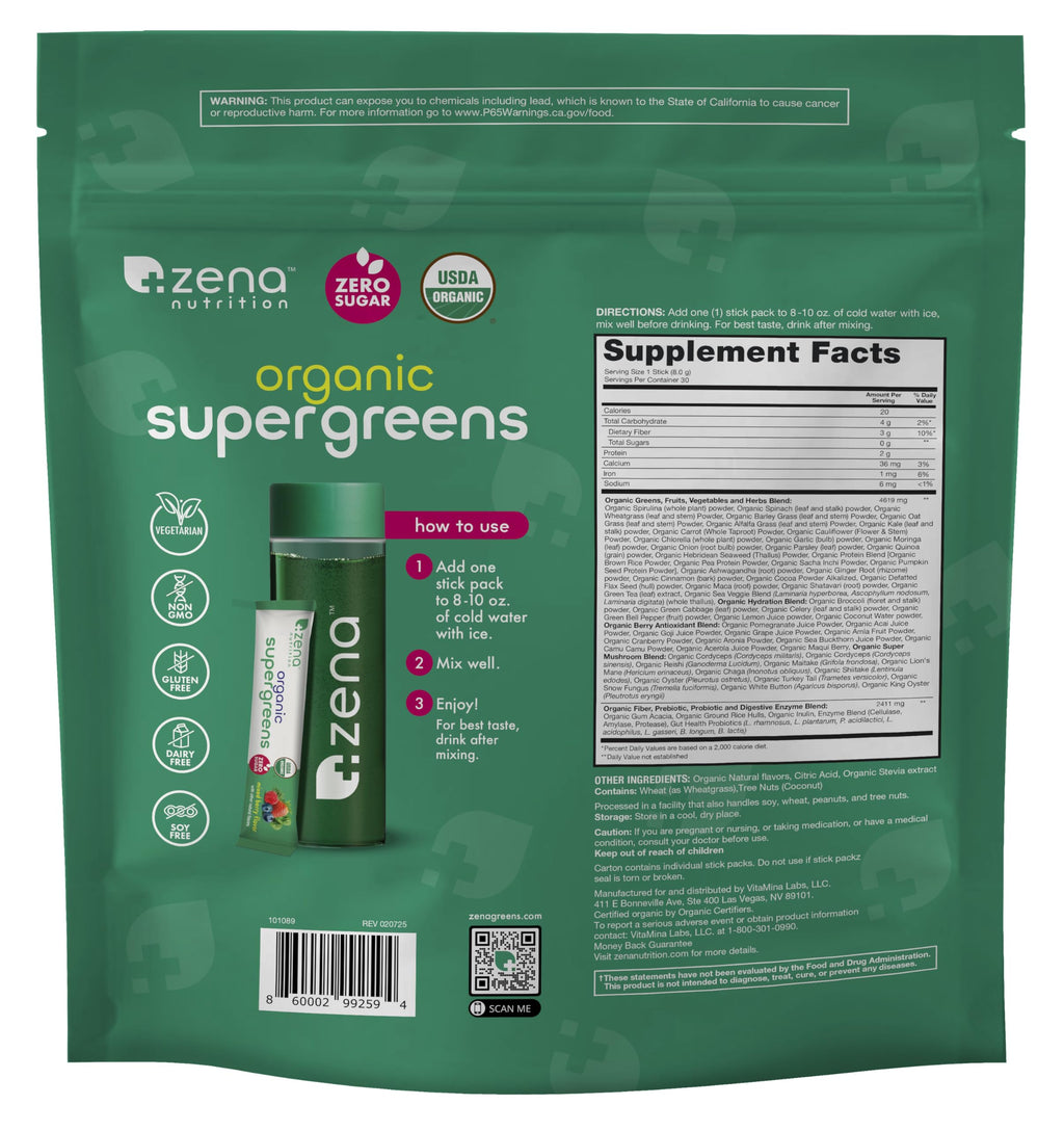 Zena Nutrition Organic Super Greens Powder, 70+ Superfoods, 0 Sugar, 3g Fiber, Spirulina, Chlorella, Mushrooms, Prebiotics/Probiotics, Digestive Enzymes, Gut Health, Mixed Berry, 30 Drink Mix Packets