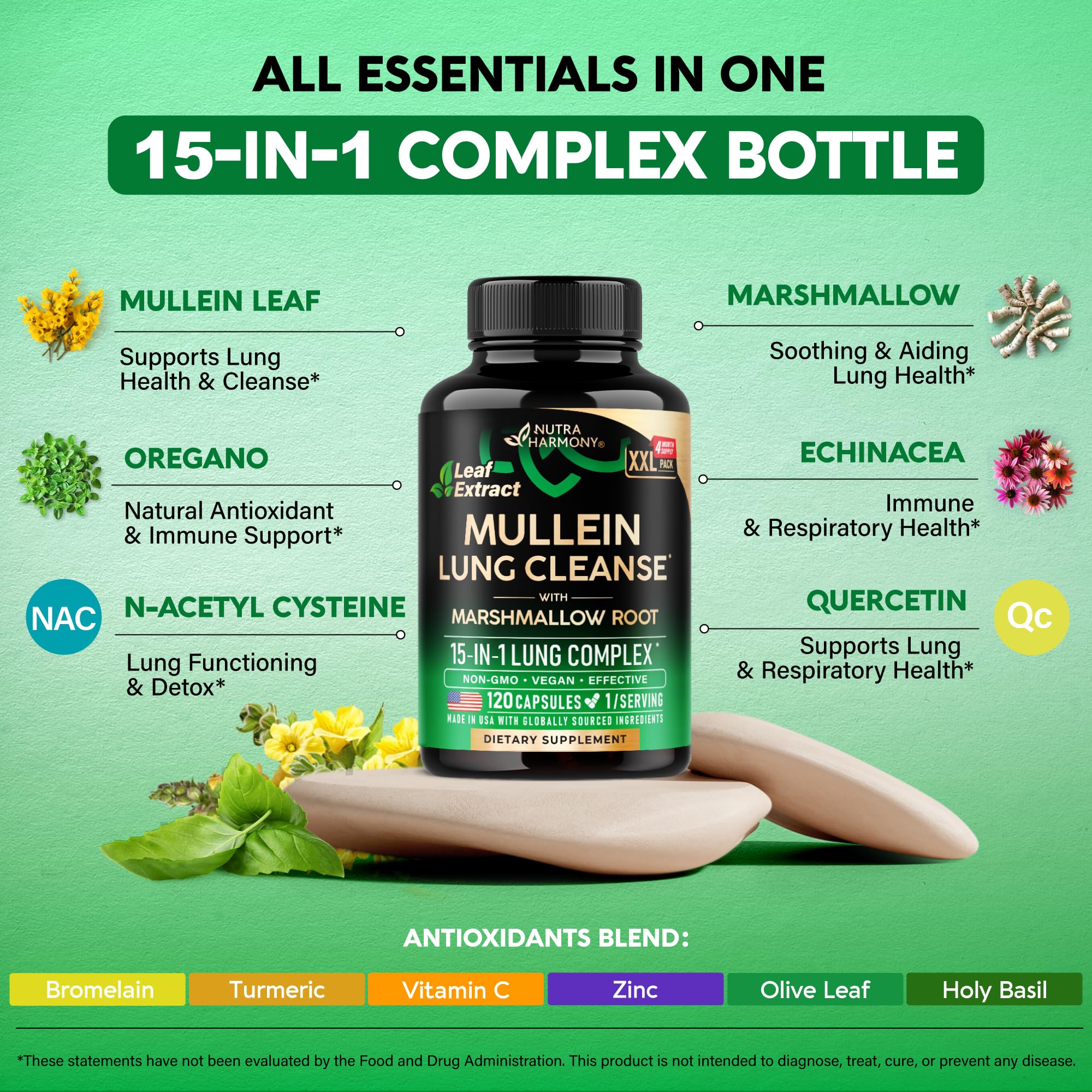 Mullein Lung Detox - Mullein Leaf 10:1 Extract - Marshmallow Root | Echinacea | Oregano | Quercetin | NAC - 15-in-1 Lung Support & Cleanse for Smokers Supplement - for Women & Men - 120 Vegan Capsules