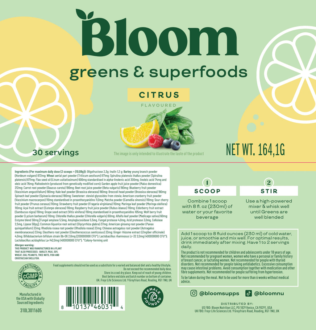 Bloom Nutrition Superfood Greens Powder, Digestive Enzymes with Probiotics and Prebiotics, Gut Health, Bloating Relief for Women, Chlorella, Green Juice Mix with Beet Root Powder, 30 SVG, Citrus
