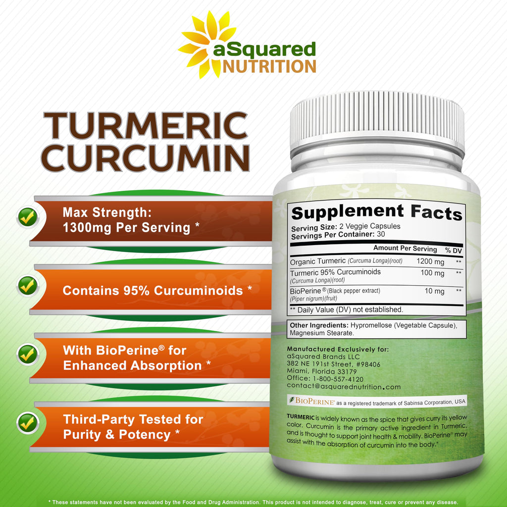 aSquared Nutrition Turmeric Curcumin 1300mg with BioPerine Black Pepper Extract Supplement - 60 Capsules - with 95% Curcuminoids - Natural Tumeric Root Powder Joint Pills