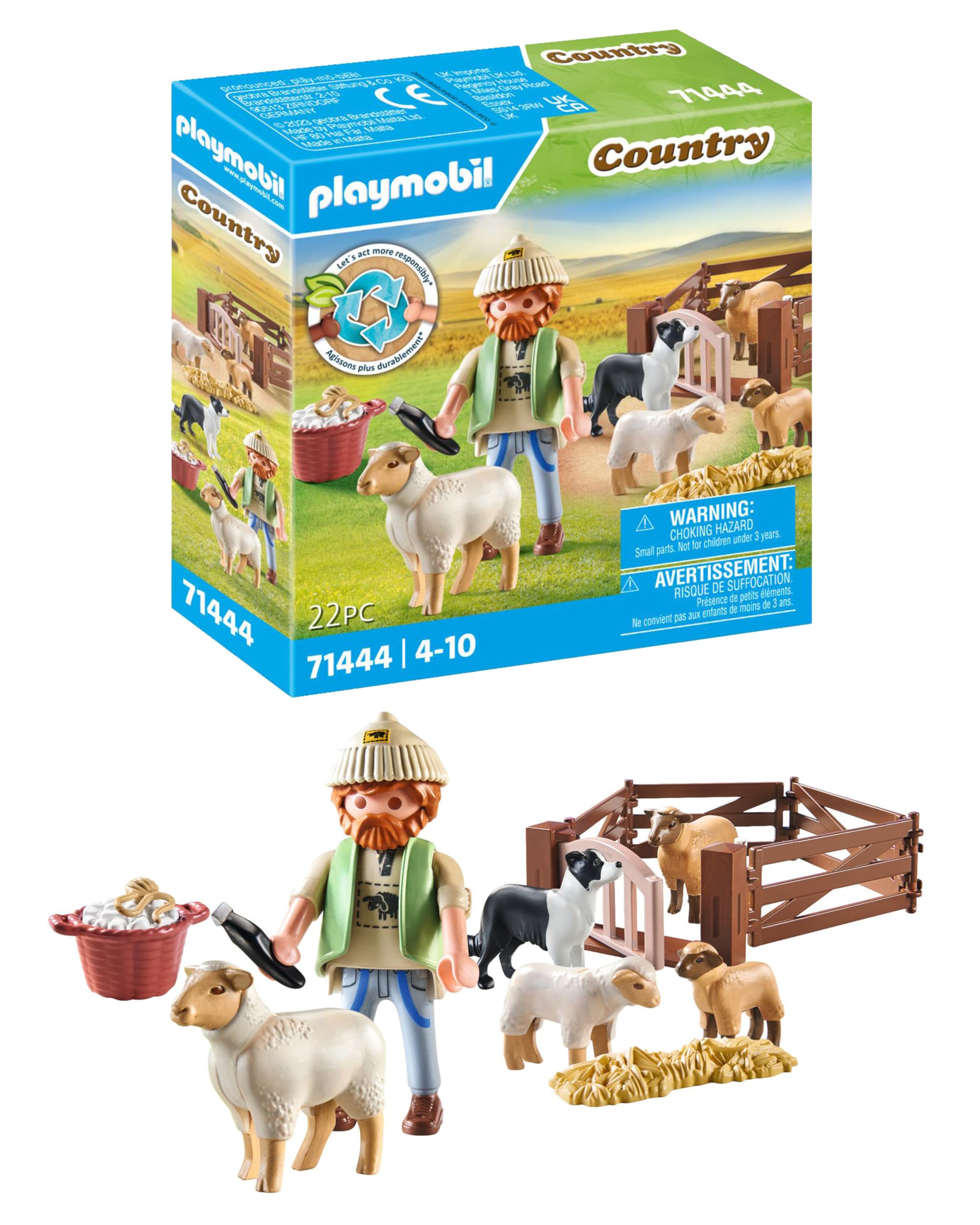 Playmobil 71444 Shepherd with Sheep - Country - with 5 Animals and 1 Character - Toy made with More than 80% recycled or bio-sourced materials on average. Suitable for ages 4 and up