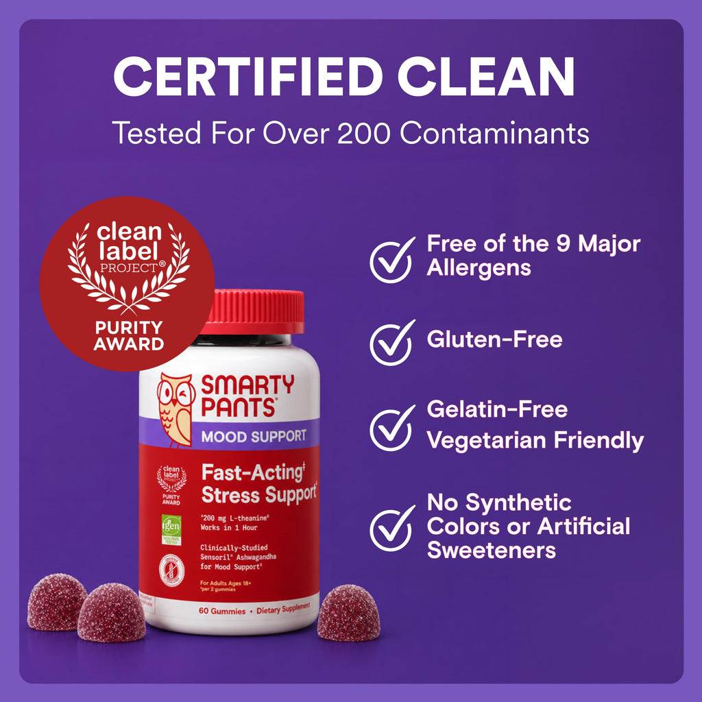 SmartyPants Adult Stress Support Gummies: Fast-Acting Calm & Mood Support with L-Theanine 200mg & Ashwagandha (Sensoril), Non-Drowsy, Mixed Berry Flavor, 60 Count (30 Day Supply)