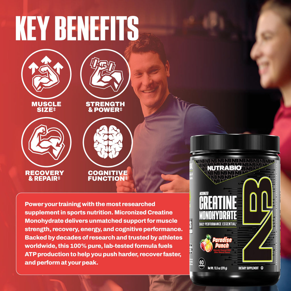 NutraBio Pure Micronized Creatine Monohydrate Powder Supplement,Paradise Punch,(300g)-Supports Bulk Muscle Energy, Recovery, and Strength-HPLC Tested Creatine Powder Supplement for Men and Women