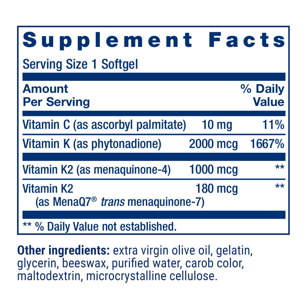Life Extension Super K, Vitamin K Supplement, 2000 Mcg Vitamin-K and 1180 Mcg Vitamin K2, Heart Health, Once-Daily, 90 Softgels (Pack of 2)