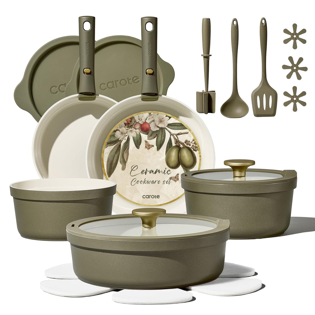 CAROTE 21pcs Ceramic Cookware Sets, Nonstick Pots and Pans Set Non Toxic