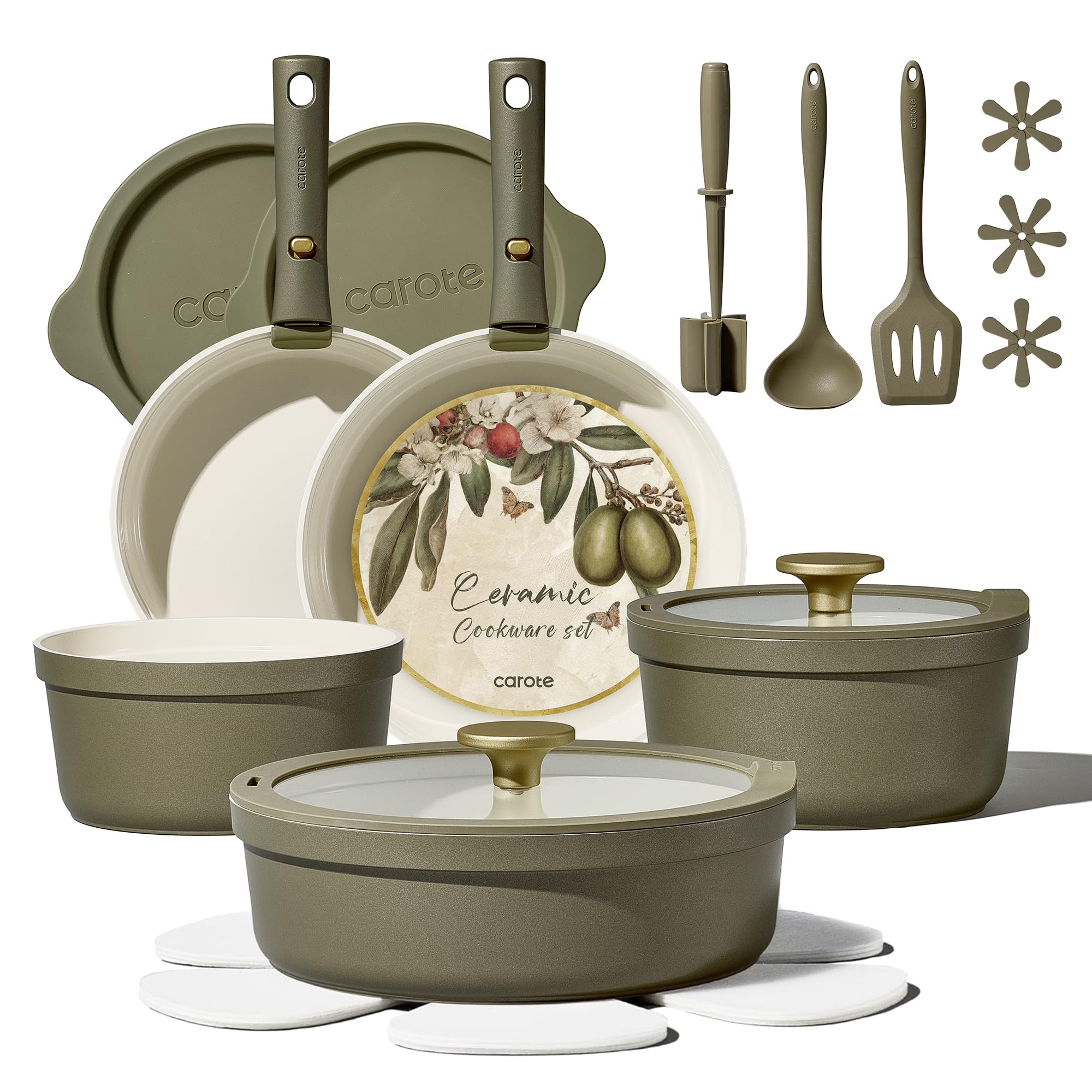 CAROTE 21pcs Ceramic Cookware Sets, Nonstick Pots and Pans Set Non Toxic