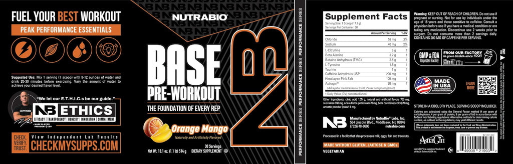 NutraBio Base Pre-Workout Powder 200mg Caffeine, Sustained Energy, Focus, Endurance, Pump, Sugar Free, Clean Preworkout for Men and Women - Beta Alanine, L-Tyrosine, 30 Servings - Orange Mango