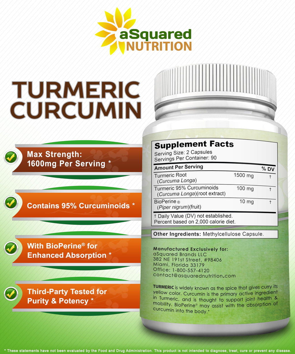 aSquared Nutrition Turmeric Curcumin 1600mg with BioPerine Black Pepper Extract - 180 Capsules with 95% Curcuminoids, 100% Natural Tumeric Root Powder Supplements, Natural Joint Stiffness Relief Pills