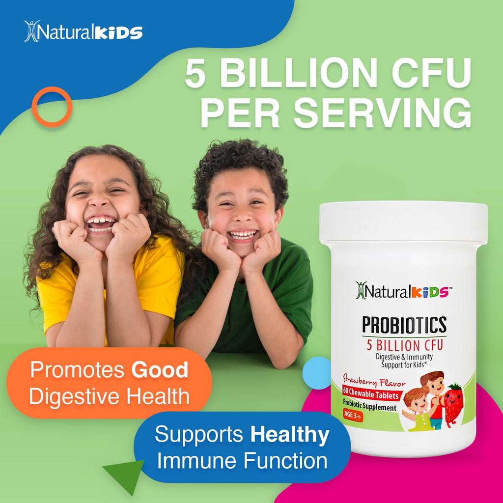 NaturalKids Probiotics for Kids Digestive Health, Immune Support & Kids Gut Health Supplements with 5 Billion CFU for Children Age 3 Up - Strawberry Flavor 60 Chewable Probiotic Tablets