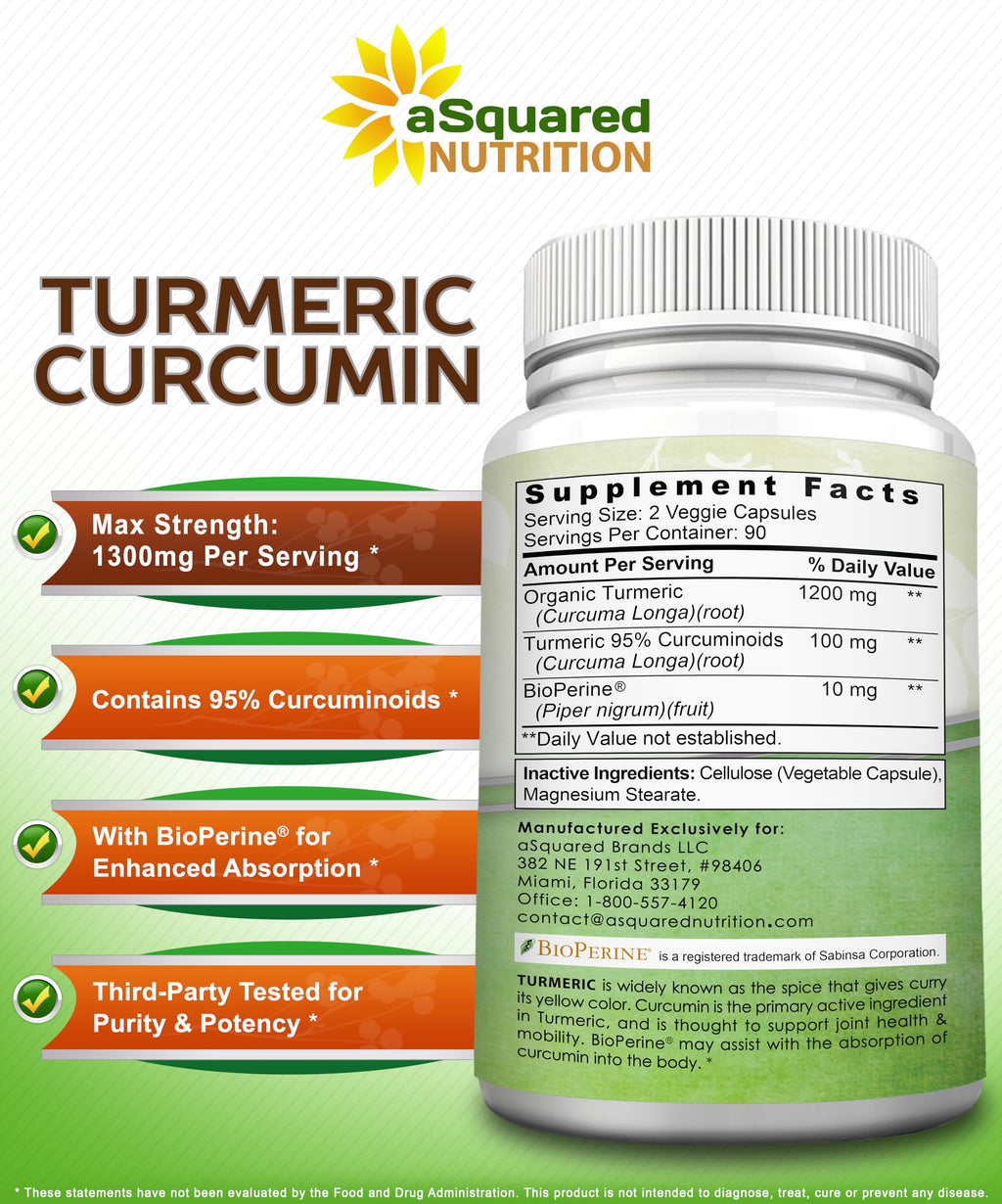 aSquared Nutrition Turmeric Curcumin 1300mg with BioPerine Black Pepper Extract - 180 Capsules - with 95% Curcuminoids, 100% Natural Tumeric Root Powder Supplements, Pure & Joint Stiffness Pills