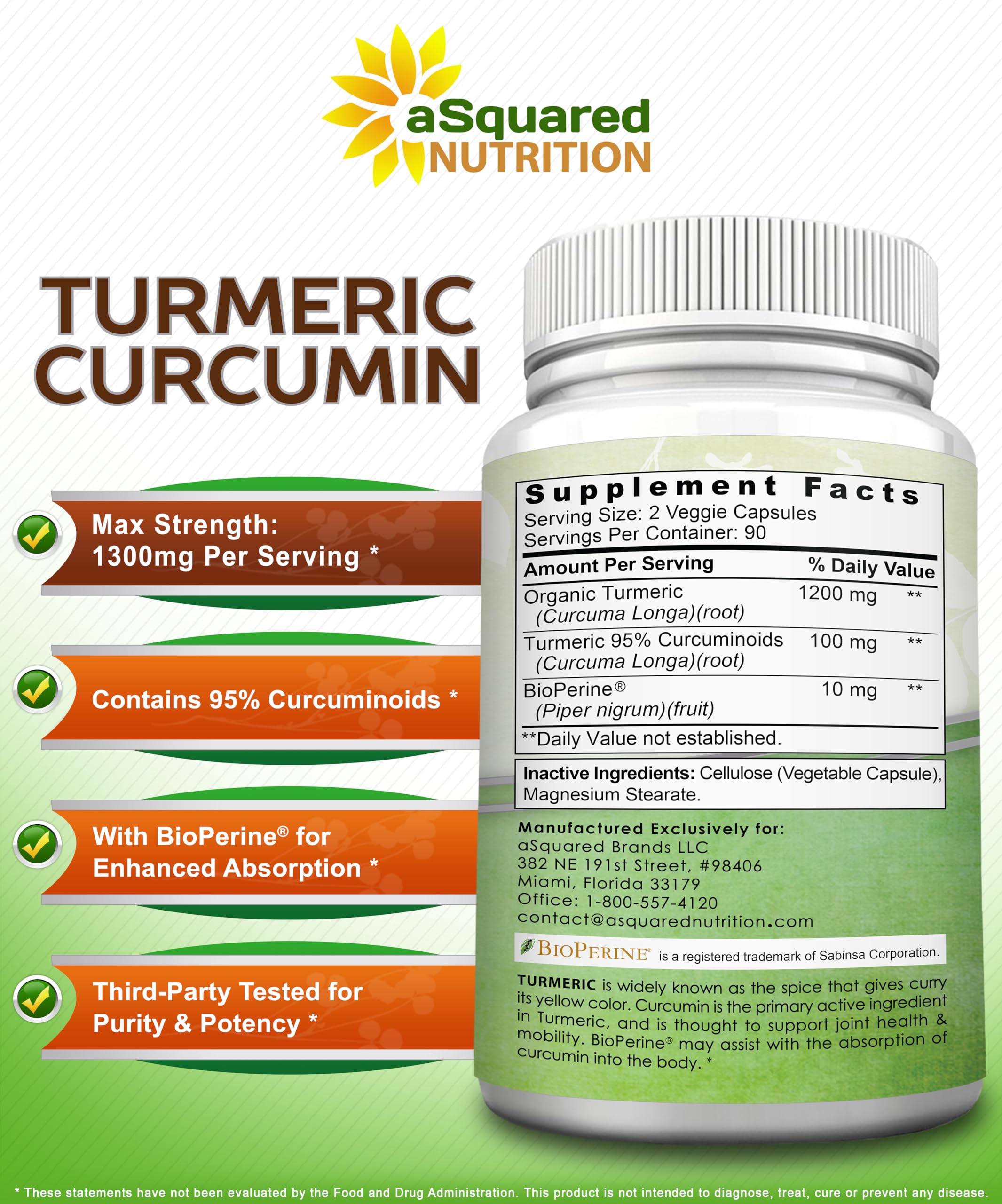 aSquared Nutrition Turmeric Curcumin 1300mg with BioPerine Black Pepper Extract - 180 Capsules - with 95% Curcuminoids, 100% Natural Tumeric Root Powder Supplements, Pure & Joint Stiffness Pills