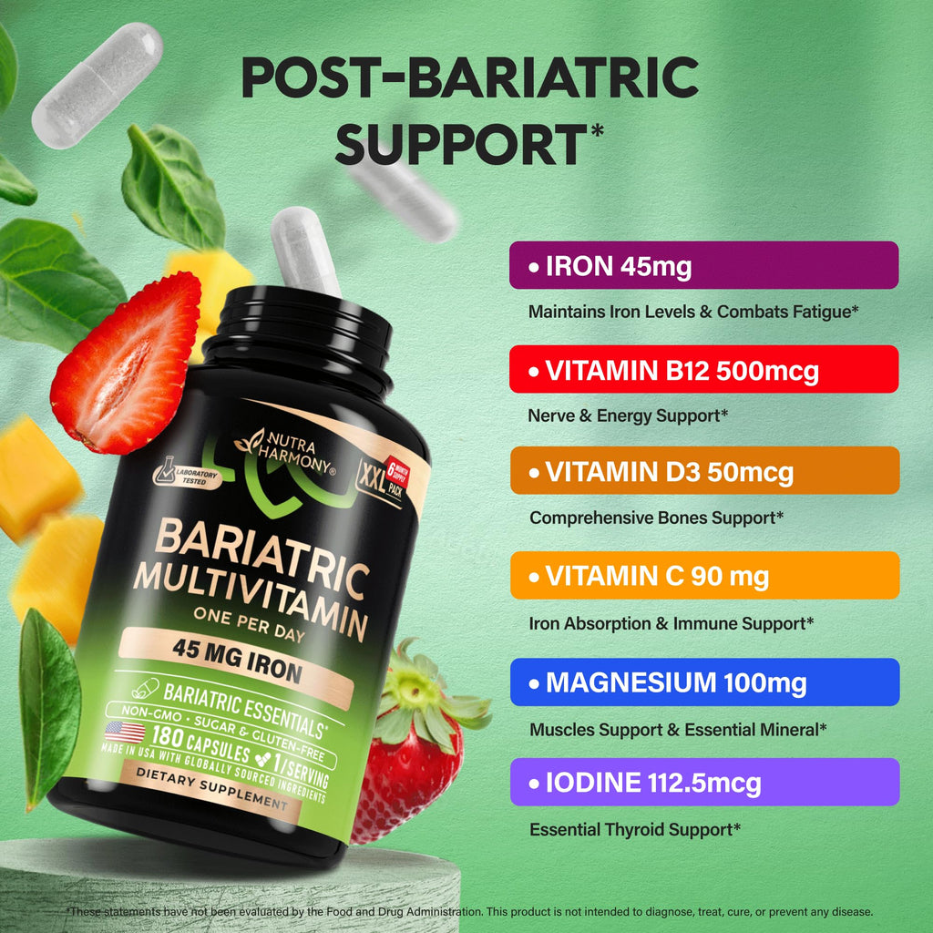 Bariatric Multivitamin - 45 mg Iron Supplements - Lab Tested - for Women & Men - All-in-One, 21 Essential Vitamins - Gastric Sleeve Support - Free of Sugar, Gluten & Soy - 180 Capsules, Once Daily