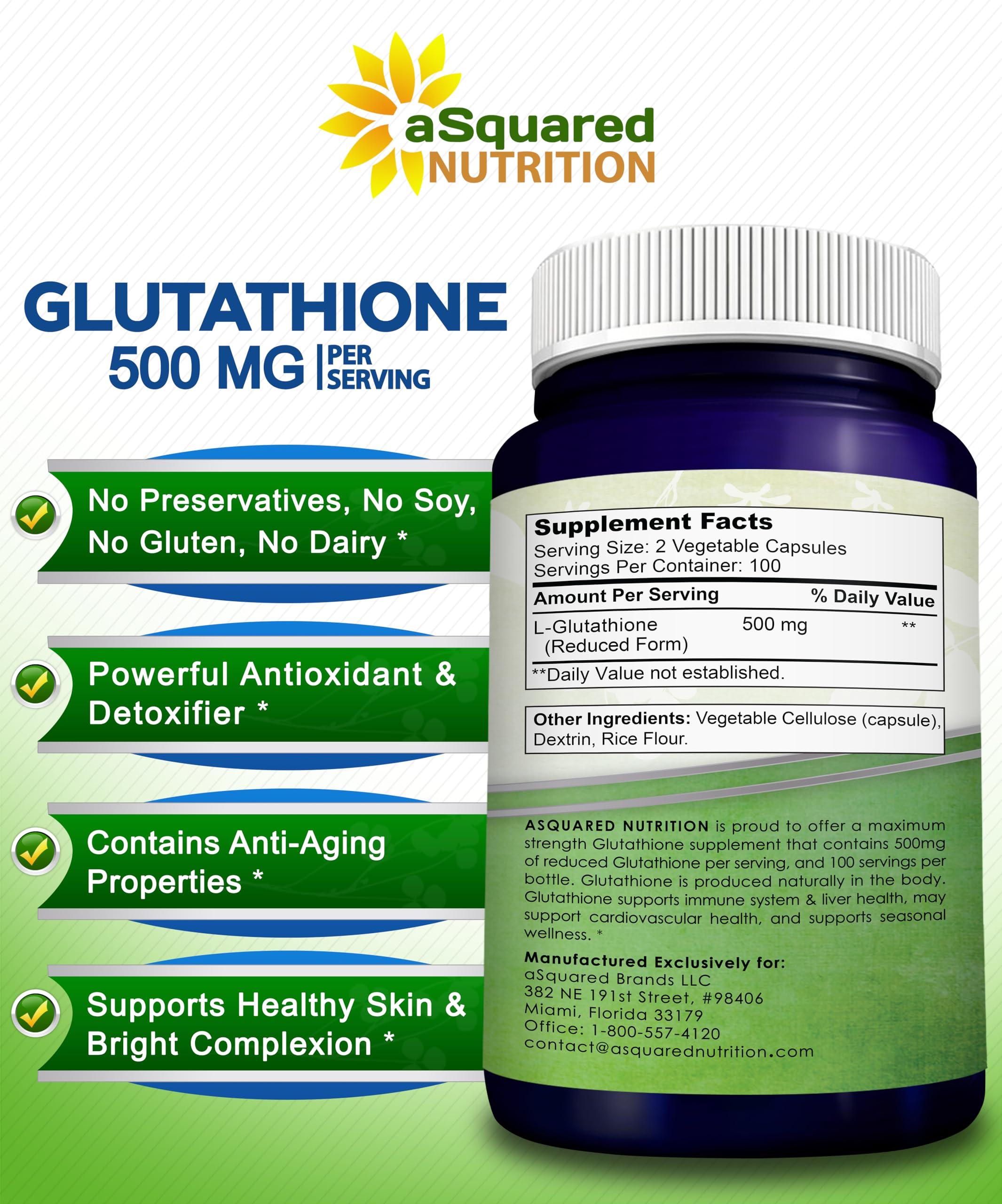 aSquared Nutrition Reduced Glutathione 500mg Per Serving Supplement -200 Capsules -L-Glutathione Antioxidant to Support Liver Health & Detox - Max Strength Powder Pills to Help Immune & Brain Function